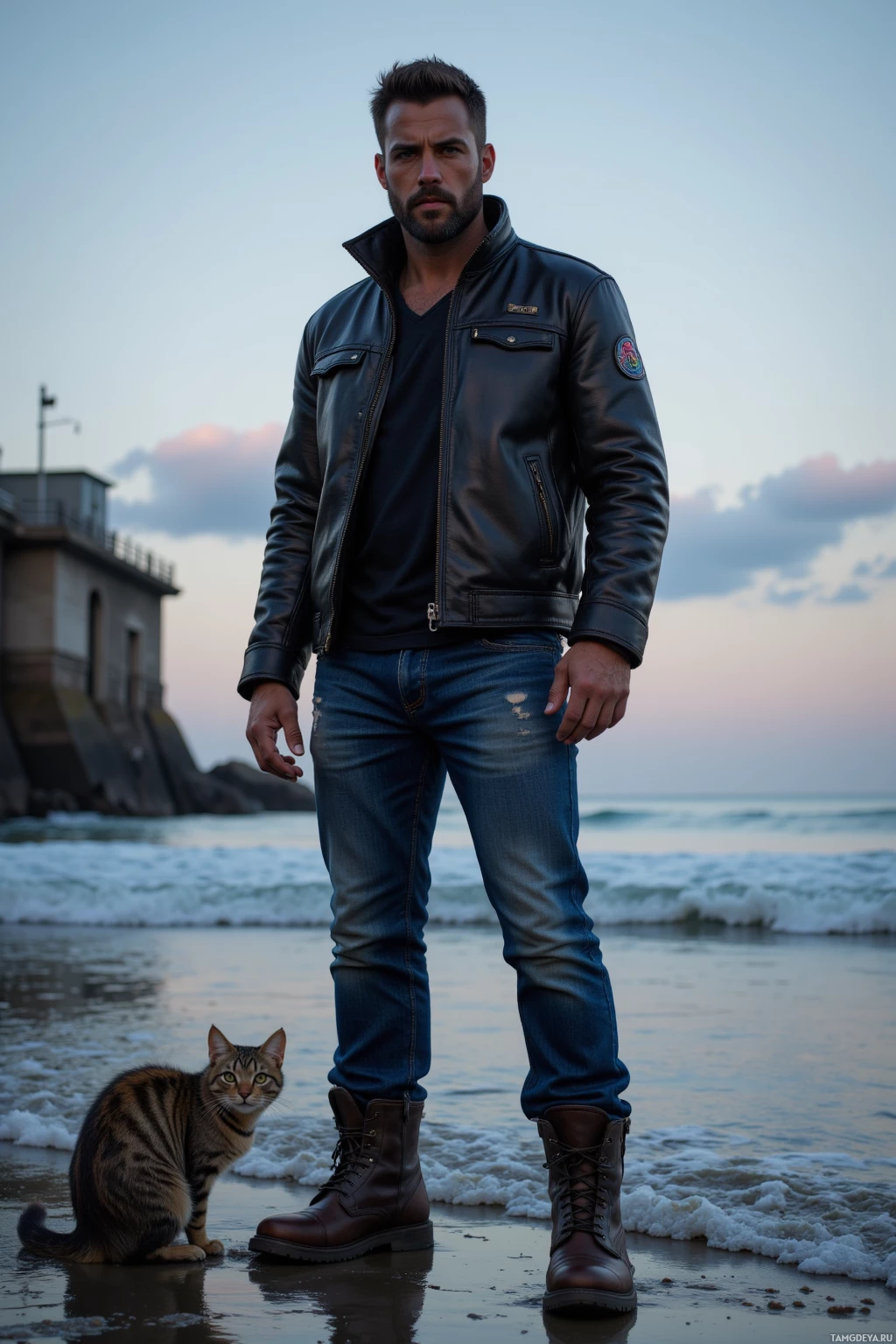 Realistic high quality photo. Male, 36, broad-shouldered, short dark brown hair, piercing blue eyes, rugged stubbled beard, wearing a worn leather jacket, faded jeans, sturdy boots, standing stoically on a pier at dusk, holding a compass, a stray cat crouched near his boots as if a doorstop, wet dockside shoreline, gentle waves lapping, a quiet patrol scene.