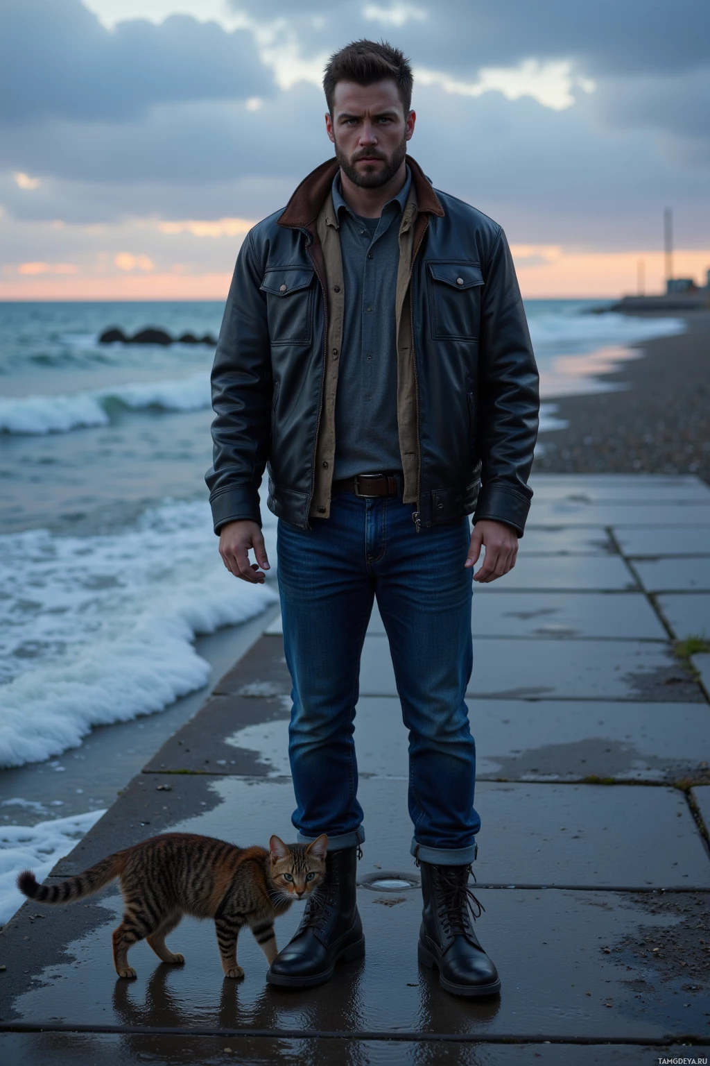 Realistic high quality photo. Male, 36, broad-shouldered, short dark brown hair, piercing blue eyes, rugged stubbled beard, wearing a worn leather jacket, jeans, sturdy boots, standing stoically on a pier at dusk, a stray cat crouched near his boots as if a doorstop, wet dockside shoreline, gentle waves lapping, a quiet patrol scene.