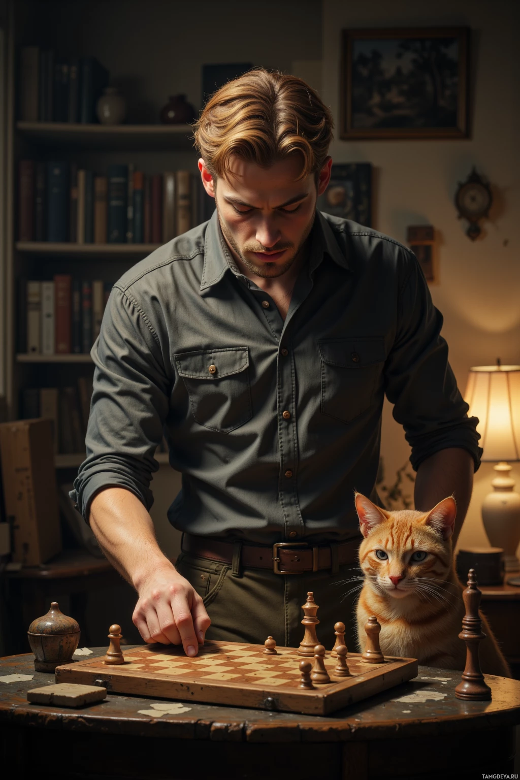 Realistic high quality photo. A 31‑year‑old pale‑skinned man with blonde hair, blue eyes, wearing a tailored shirt, trousers, and glasses, standing in a small, dimly lit apartment, tracing faint scratches on an old wooden chessboard while a cat with a gentle grin watches, with soft lamplight casting subtle shadows on the walls.