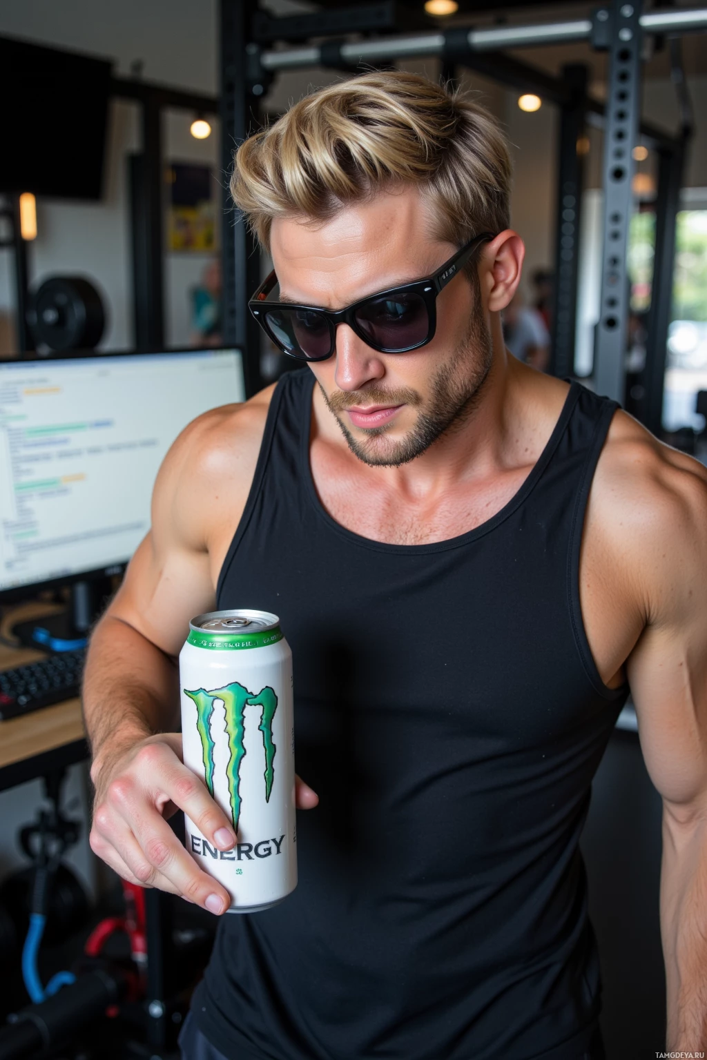 Мускулистый мужчина в спортзале держит банку энергетического напитка Monster.