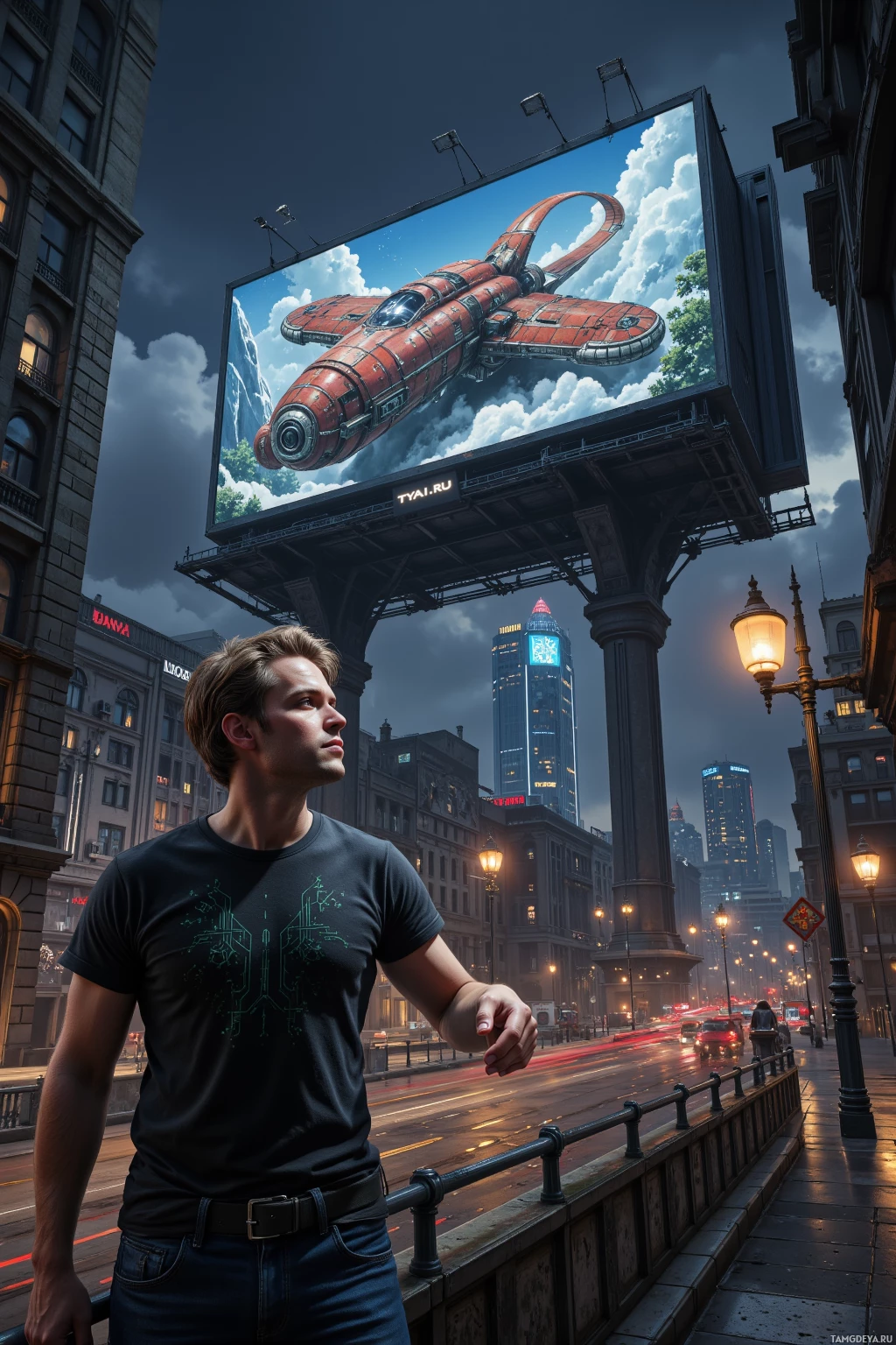 Realistic high quality photo. A 34‑year‑old male with light brown hair, blue eyes, black T‑shirt with circuit patterns and worn blue jeans, rummaging through a dim, cluttered digital archive of obsolete 3D models, pulling a rusted orbital habitat from a floating display while a floating billboard morphs into a traffic sculpture over a futuristic downtown transit loop, with a trash‑model megastructure looming in the background at night.