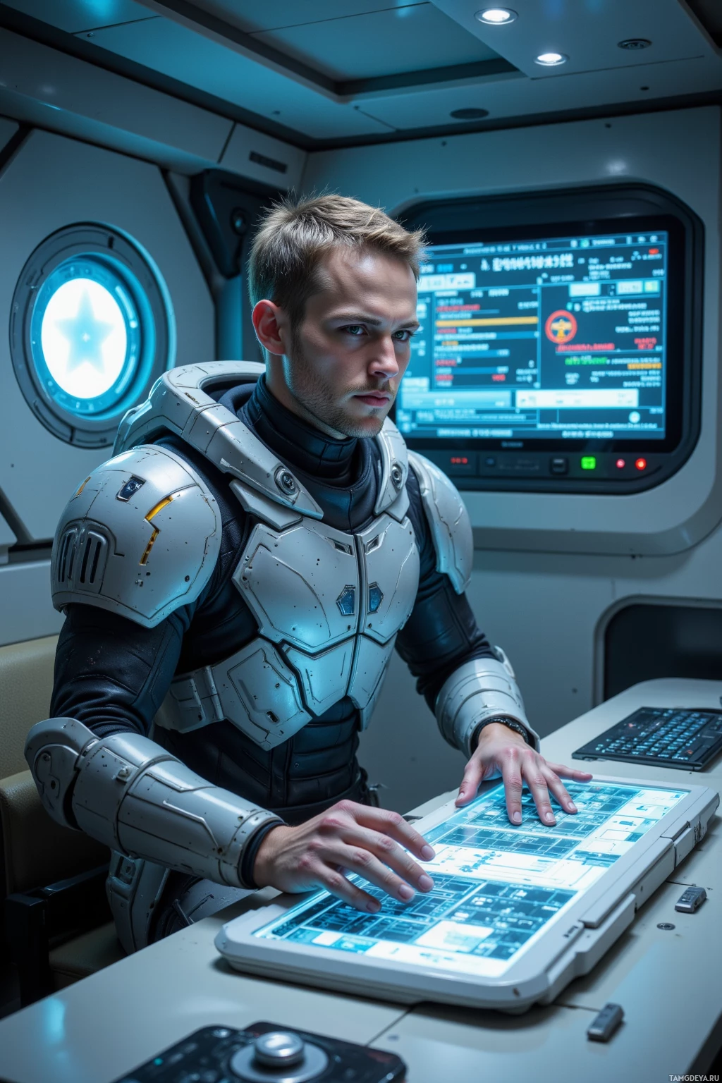 Realistic high quality photo. Male, 34, light brown cropped hair, green eyes, wearing segmented grey armor with geometric patterns, sits in a sterile high‑tech containment chamber, typing on a holographic console while diagnostic panels flash code, buffer states and containment logic, ambient cool blue light illuminating the room, his posture exuding obsessive precision.