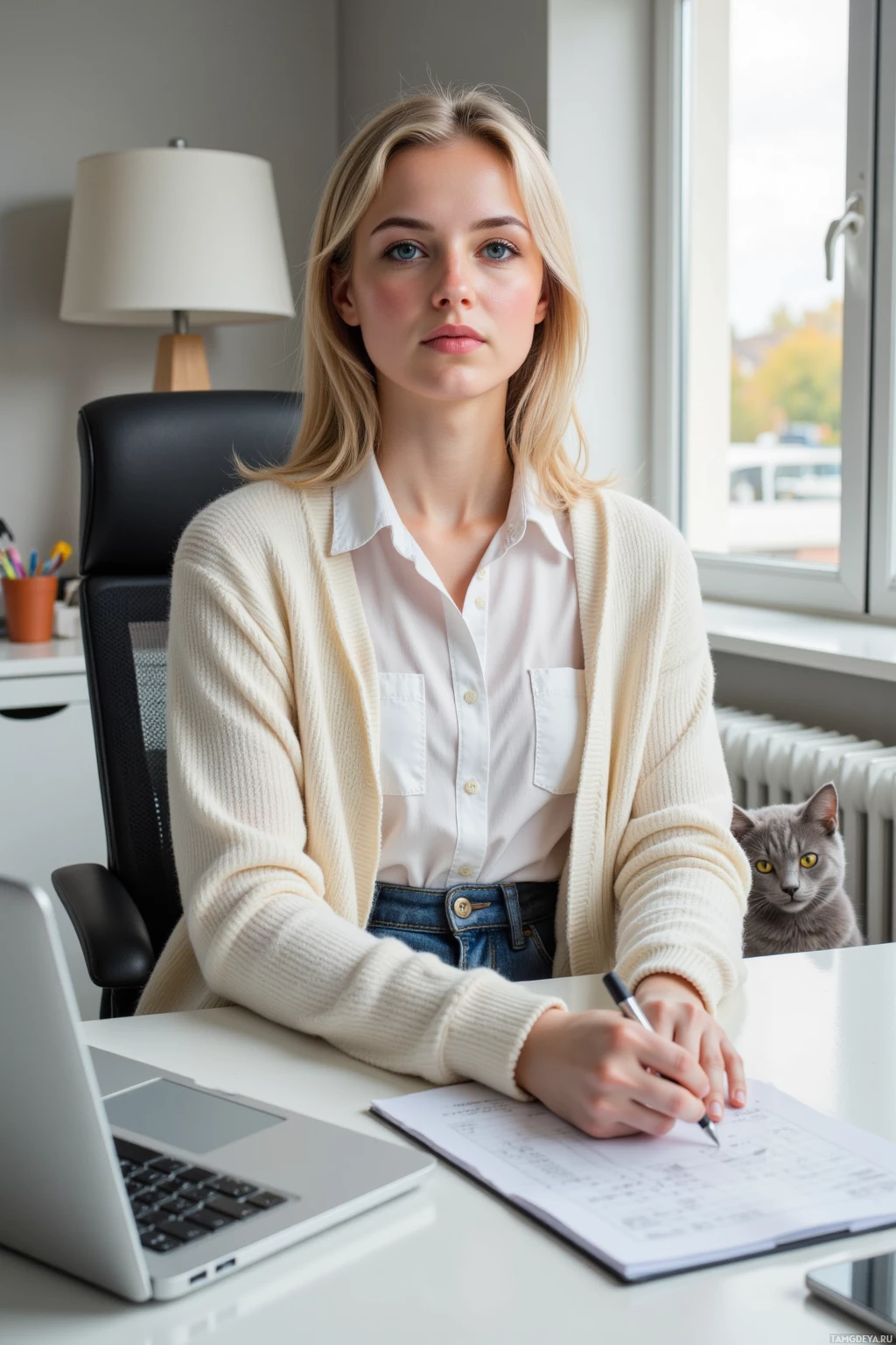 У женщины на столе ноутбук, она пишет в блокноте, а рядом мурлычет кошка.