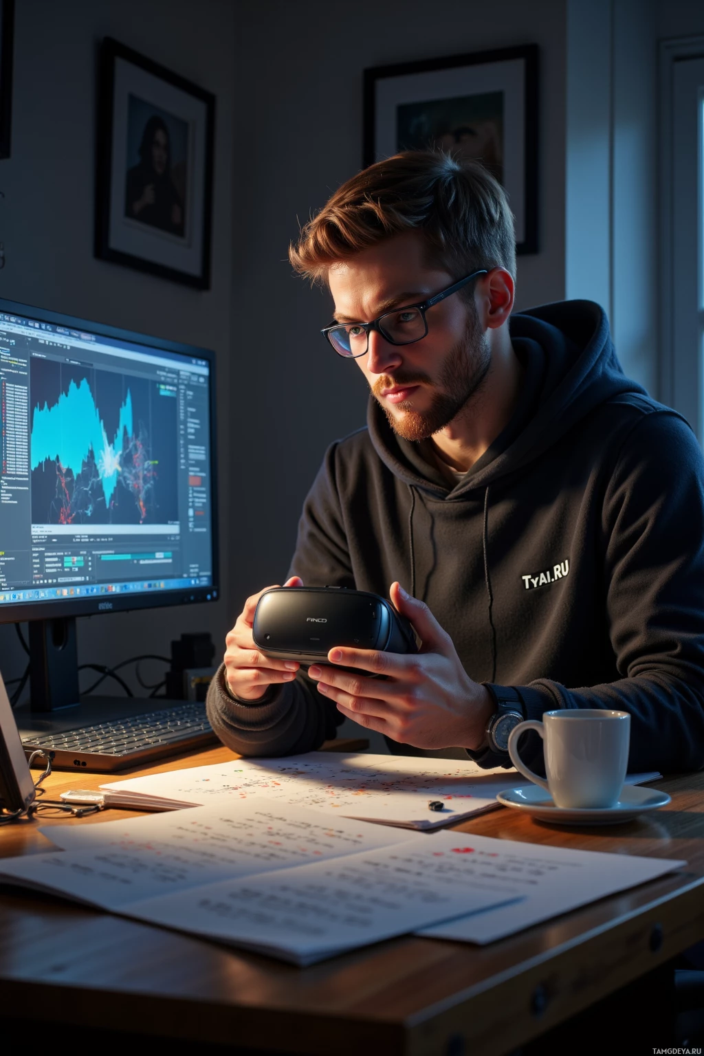 Человек в очках и толстовке сидит за столом, держа в руках VR-шлем и глядя на экран компьютера, на котором отображается график.