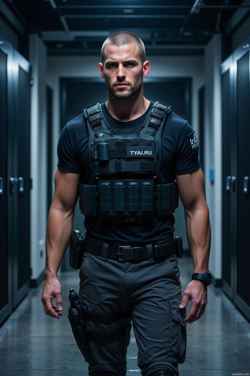 A man in tactical gear stands in a dimly lit corridor.