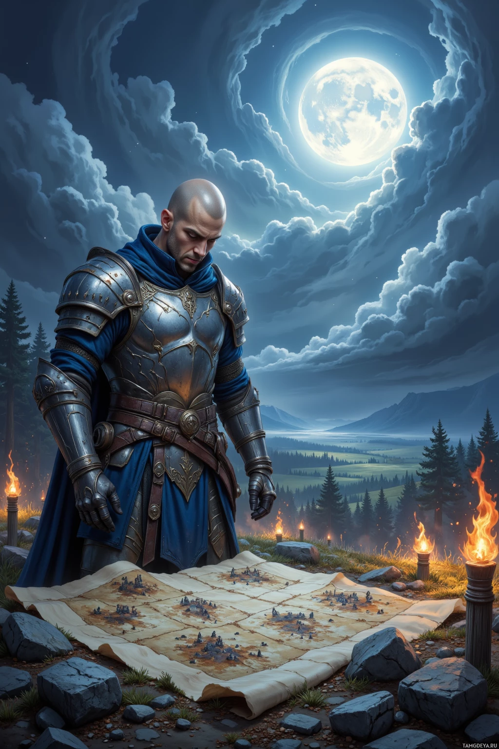 Realistic high quality photo. Man, 35, shaved head, blue eyes, angular silver armor with broad pauldrons, stands on a moonlit battlefield beside a stone‑and‑forest chessboard map, wind swirling around him as he intently studies a scroll, torches flickering, dawn on the horizon.