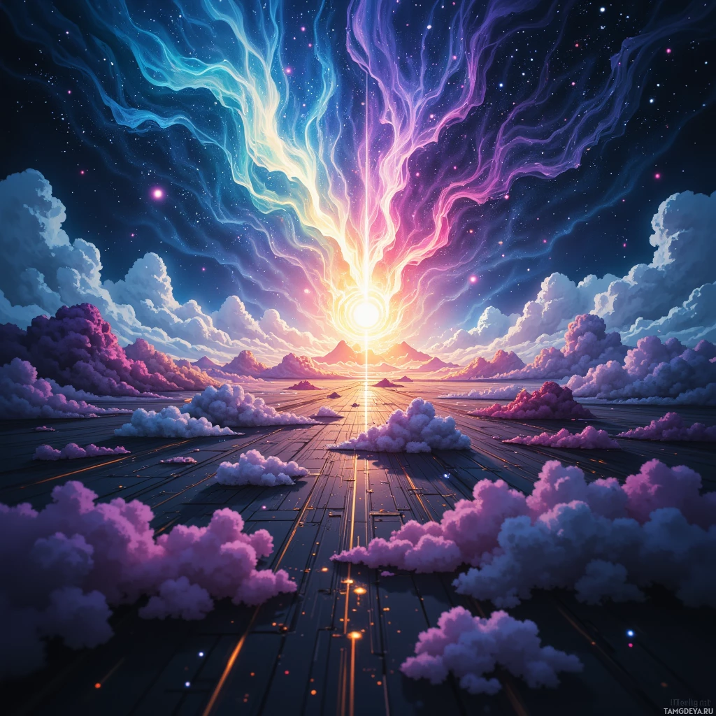 Яркая, космическая сцена с сияющим солнечным взрывом, завихряющимися облаками и звездным ночным небом.