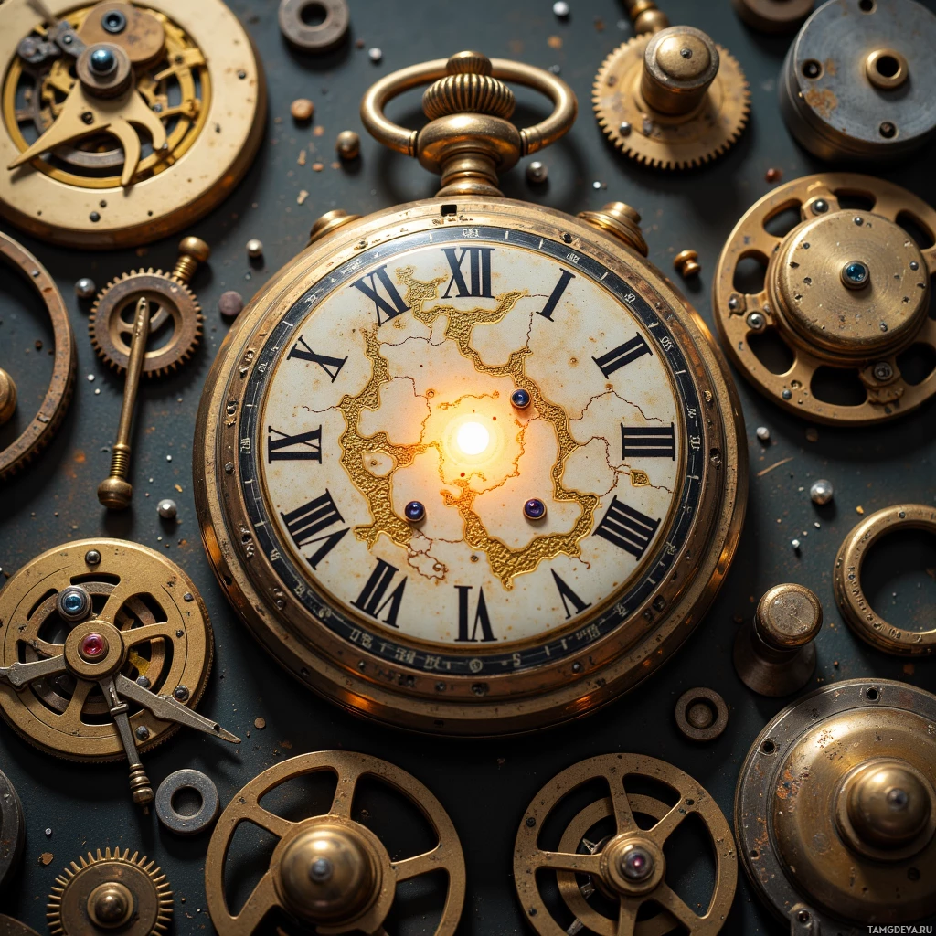 Старинные карманные часы, окруженные множеством механических деталей и шестеренок.