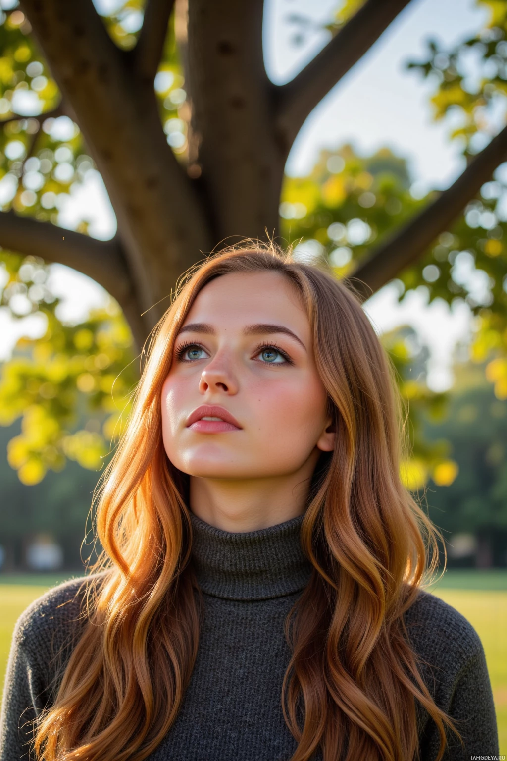 Молодая женщина с длинными волнистыми волосами стоит на улице под деревом, одетая в тёмный водолазочный свитер.
