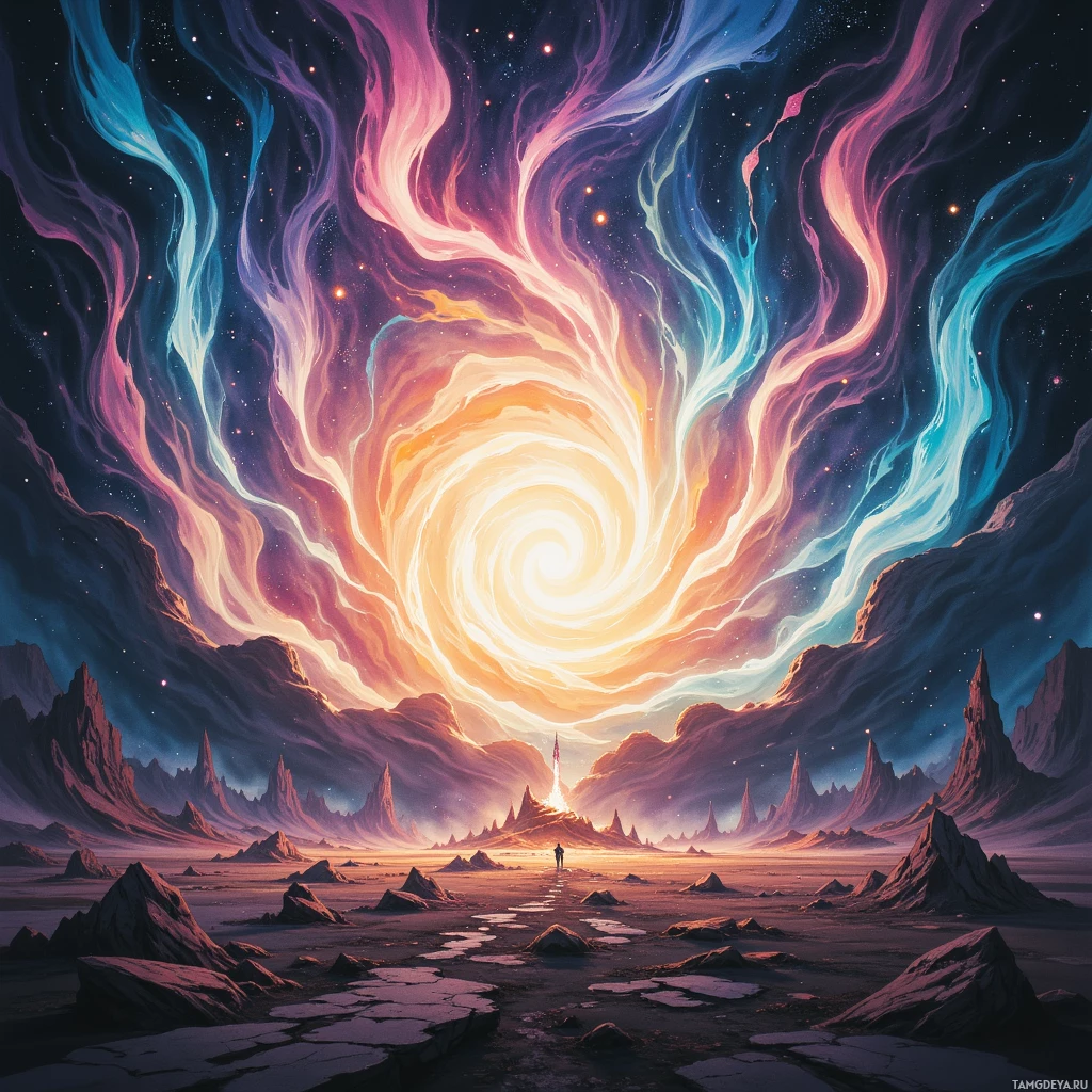 Сюрреалистичный пейзаж с вихрем в небе и дикой, инопланетной местностью внизу.