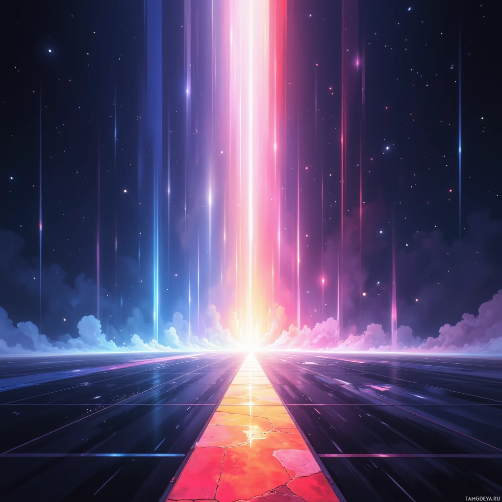 Яркая, космическая сцена: сияющие вертикальные лучи света, сходящиеся к яркому горизонту на фоне звездного неба.