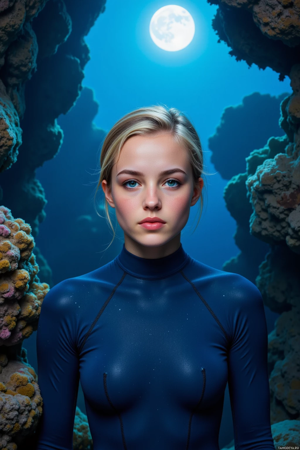 Realistic high quality photo. A fit 26‑year‑old female diver with short blonde hair and piercing blue eyes, wearing a sleek blue wetsuit, calmly swims through a midnight reef of luminous coral and gentle kelp, moonlit water illuminating her serene, purposeful posture as she explores the deep ocean.