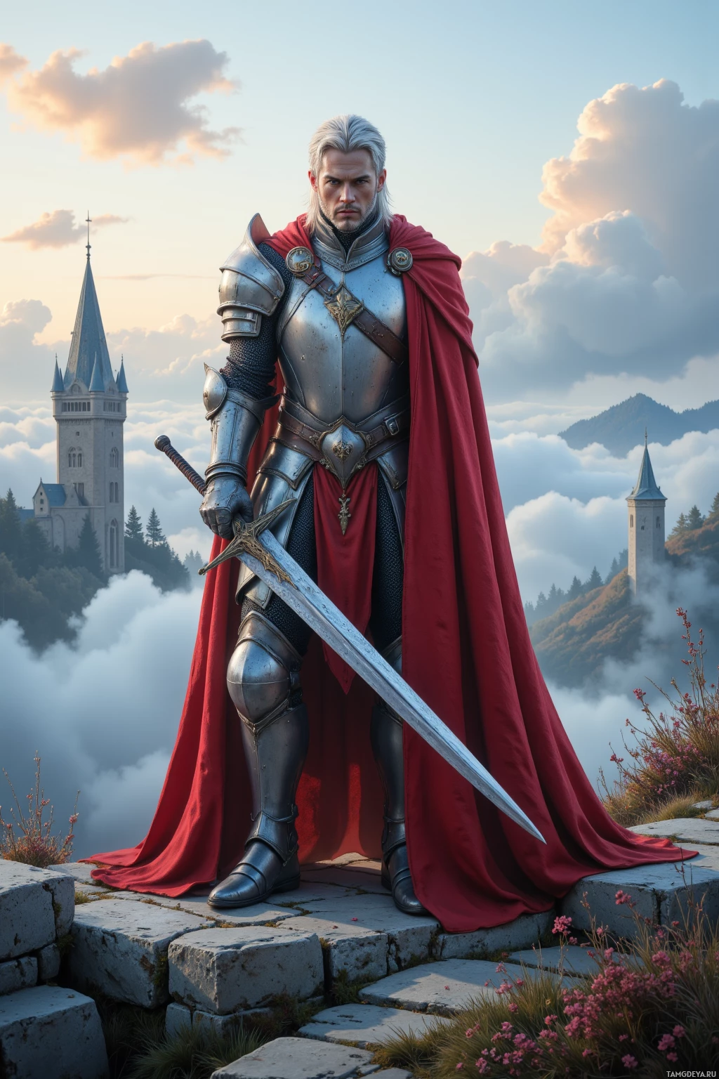 Realistic high quality photo. Tall silver-haired male knight with polished armor and flowing red cape stands on misty hill battlements at dawn, his frosted sword gleaming in the early light, vigilant and solitary.