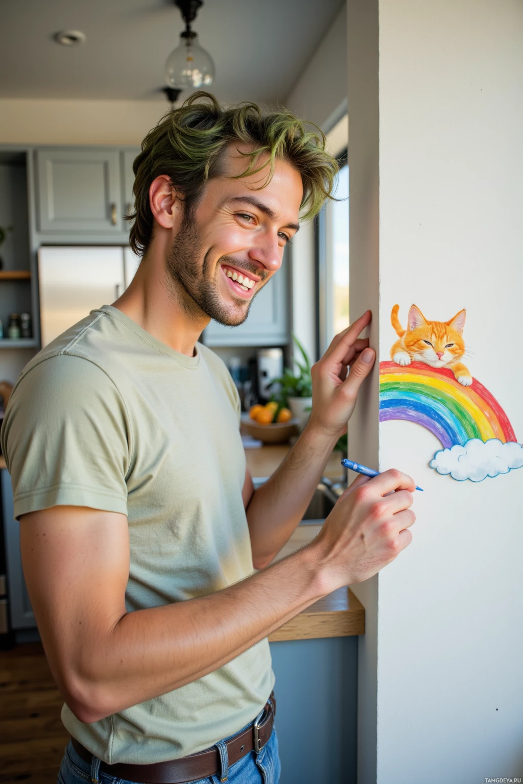 Realistic high quality photo. 30-year-old man with messy green hair, light brown eyes, pale skin, wearing a faded t-shirt and worn jeans, laughing with a sly grin as he scribbles a rainbow cat on a kitchen wall, the cat leaps onto the rainbow, modern kitchen with stainless steel appliances, bright afternoon light.