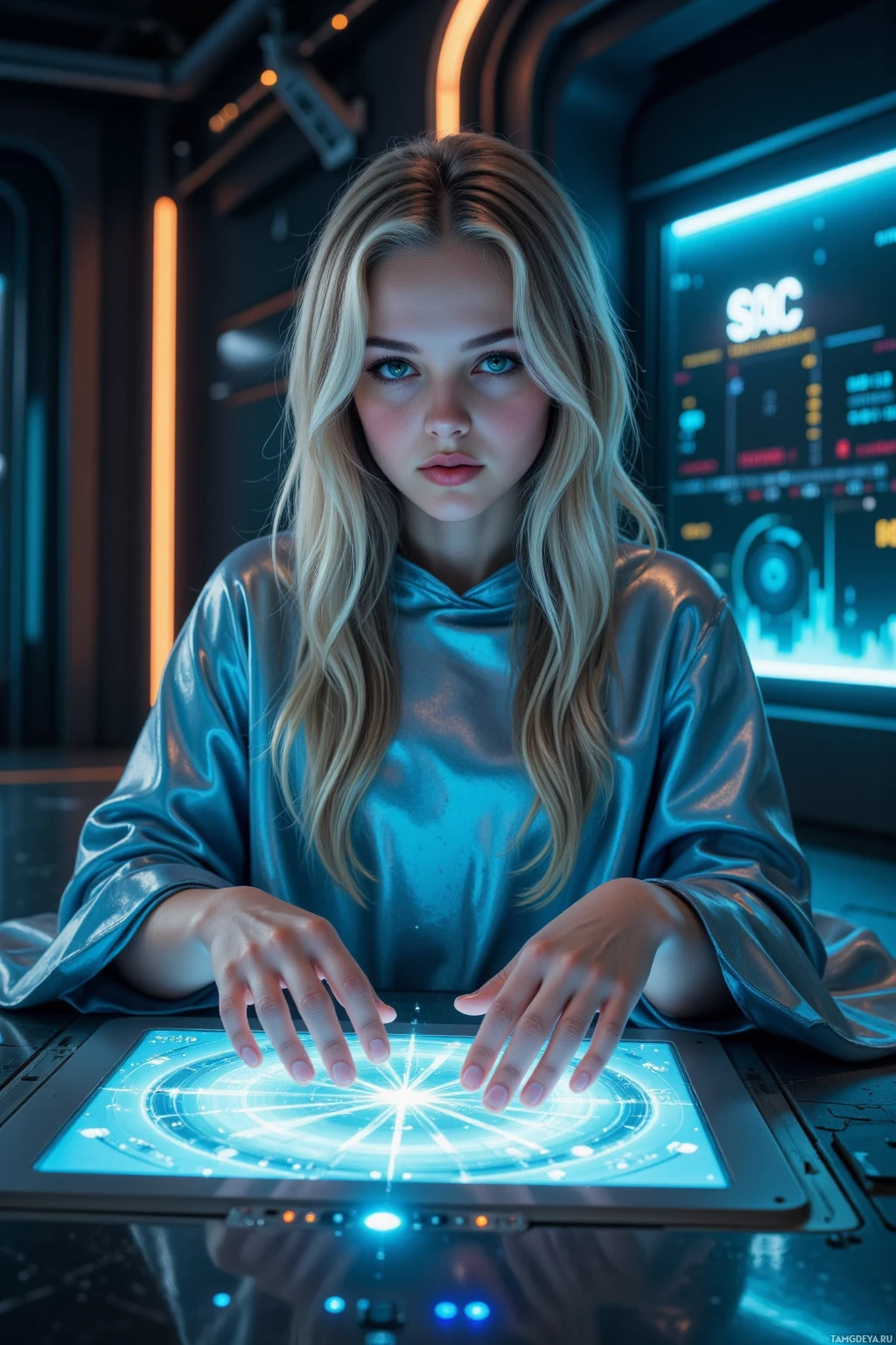 Realistic high quality photo. woman in a dark sci‑fi studio at night, long silver‑blonde braid, neon green eyes, pale skin, wearing a flowing iridescent cloak, manipulating glowing data streams on a cold, metallic floor, fingers tracing unseen micro‑beats amid holographic sound waves and ambient hum.