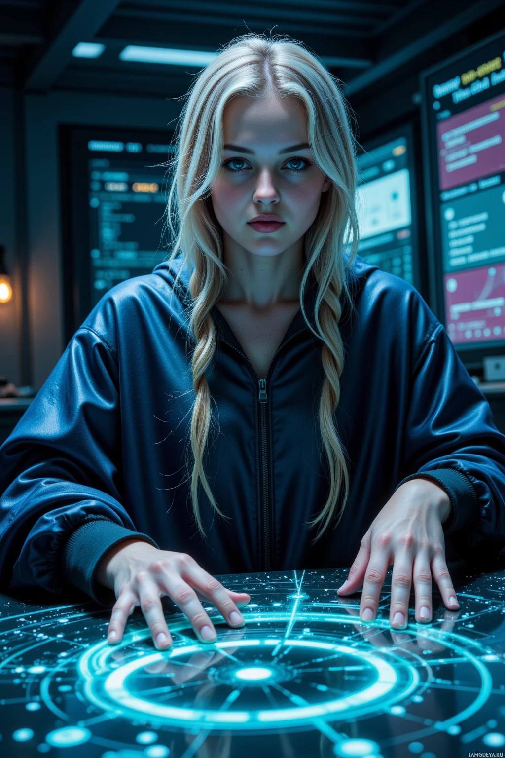 Realistic high quality photo. woman in a dark sci‑fi studio at night, long silver‑blonde braid, neon green eyes, pale skin, wearing a flowing iridescent cloak, manipulating glowing data streams on a cold, metallic floor, fingers tracing unseen micro‑beats amid holographic sound waves and ambient hum.