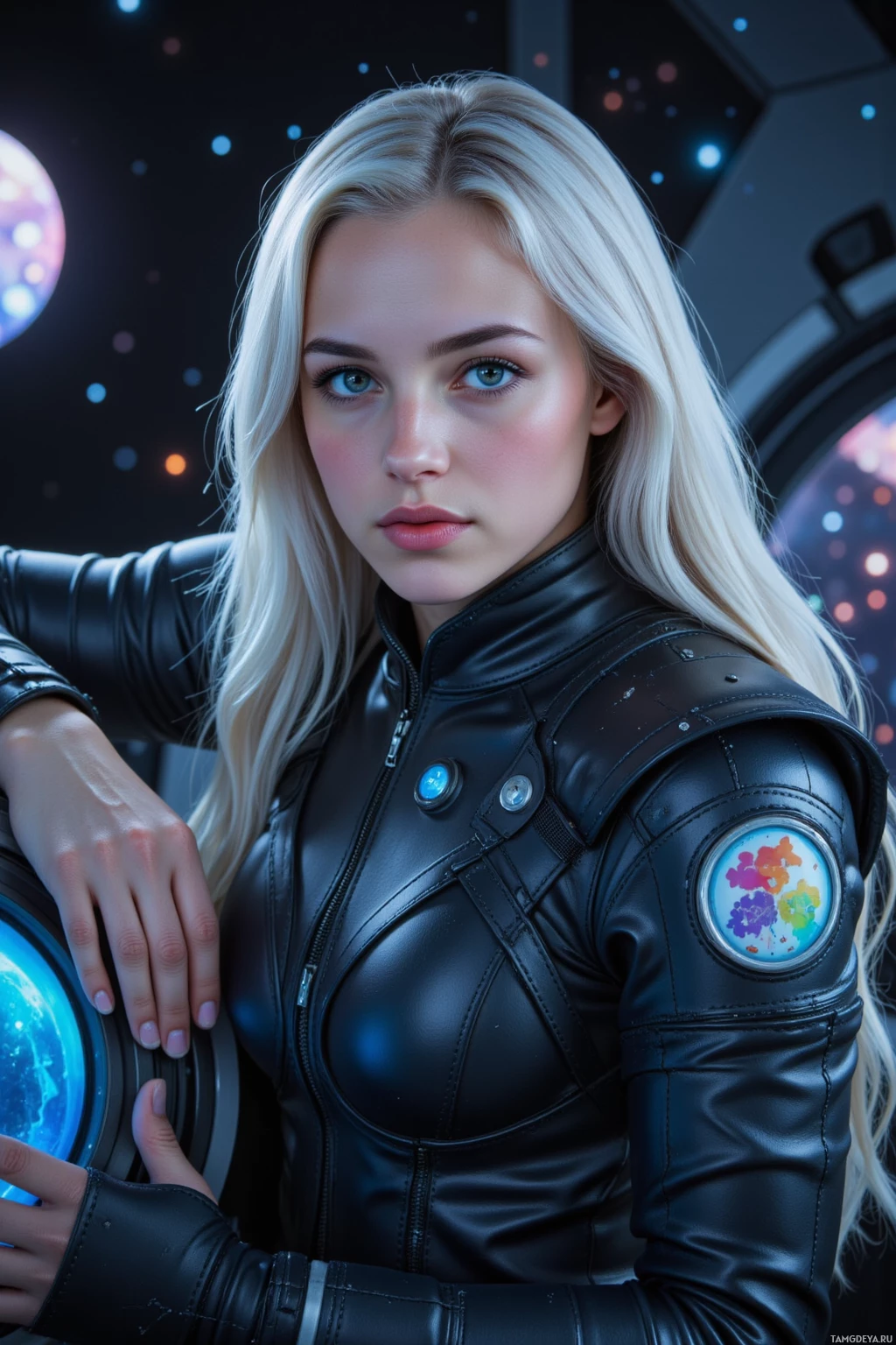 Realistic high quality photo. Female astronaut, 29, long silver hair like starlight, violet eyes, wearing a sleek jumpsuit with glowing planetary symbols and circuitry, leans calmly against a softly illuminated navigation panel inside a starship, starlit void reflected on the panel while engines hum, serene and patient.