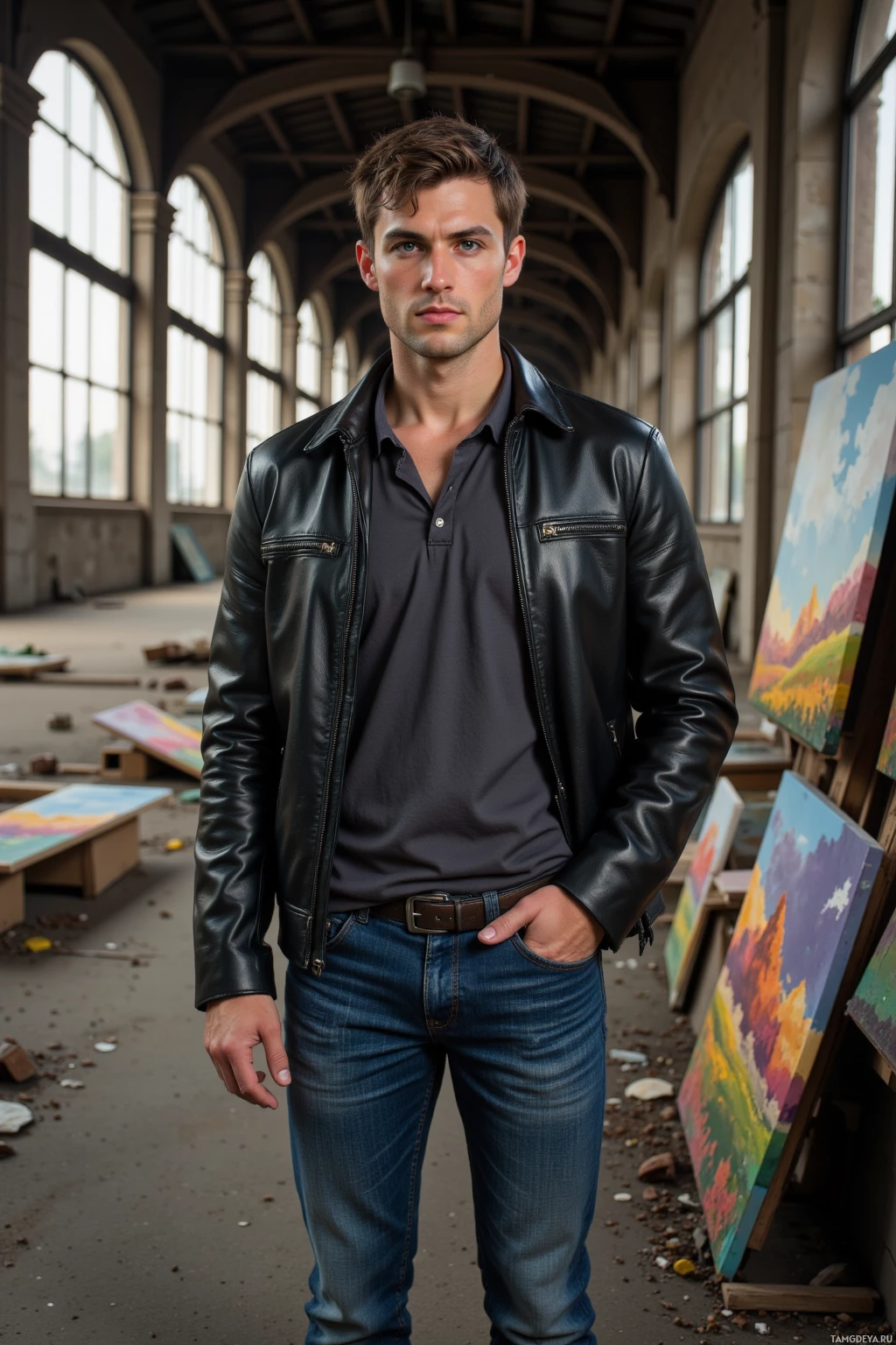 Realistic high quality photo. A lean 29‑year‑old man with tousled dark brown hair and blue eyes, wearing a black leather jacket over a dark shirt and jeans, stands in an abandoned depot at late afternoon, light filtering through broken glass, laying canvases against raw concrete and painting bold brushstrokes with a paintbrush.