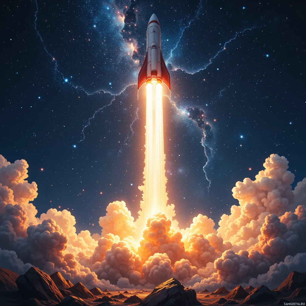 Ракета взмыла в космос, оставляя за собой огненный шлейф и клубы дыма на фоне звездного неба.