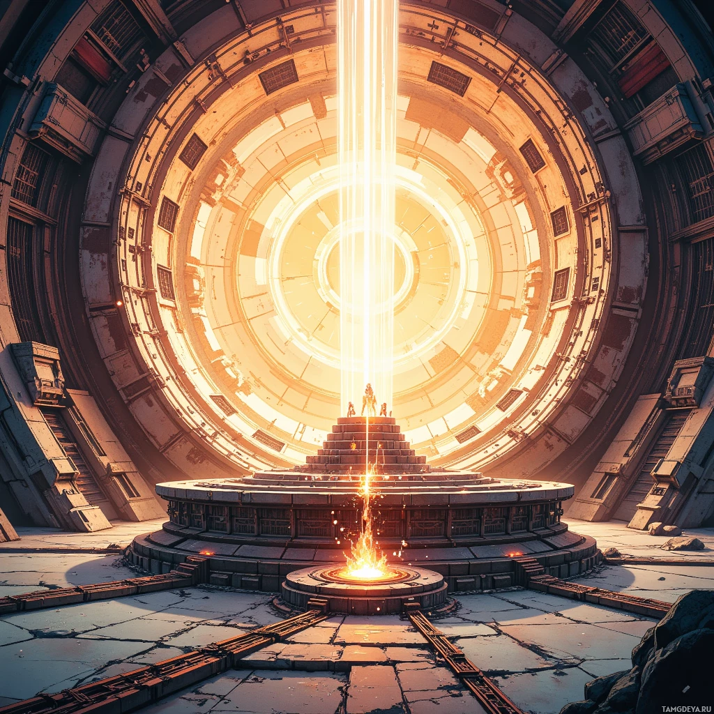 Футуристическая кольцевая конструкция со светящимся центральным элементом и сложной архитектурной деталировкой.