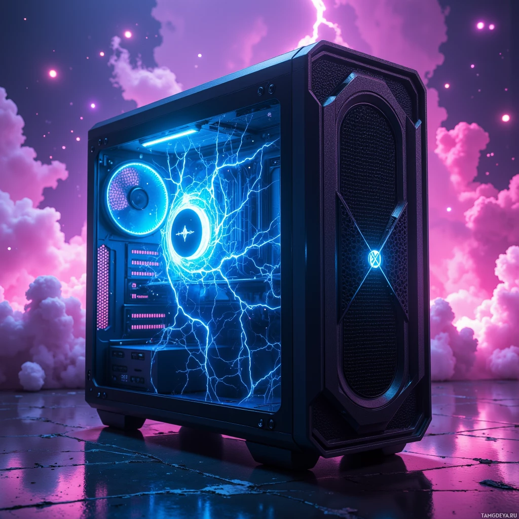 Корпус компьютера в футуристическом стиле с подсвечивающимися синими и пурпурными огнями и космическим фоном.