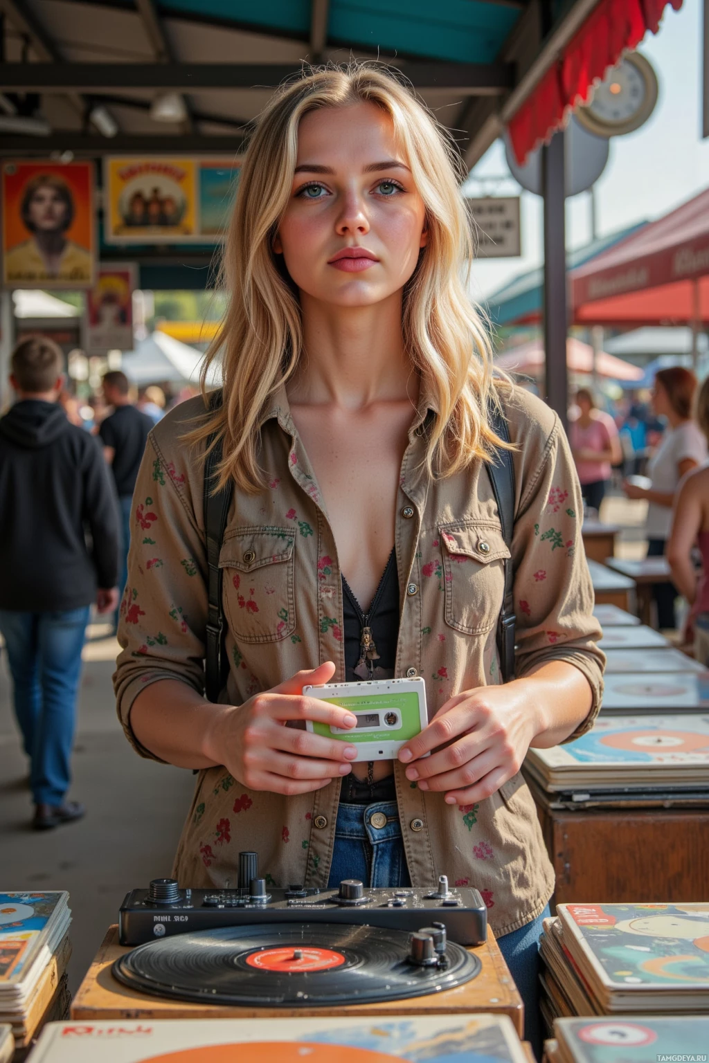 Человек стоит у торговой палатки, держа в руках кассету и находясь рядом с проигрывателем.