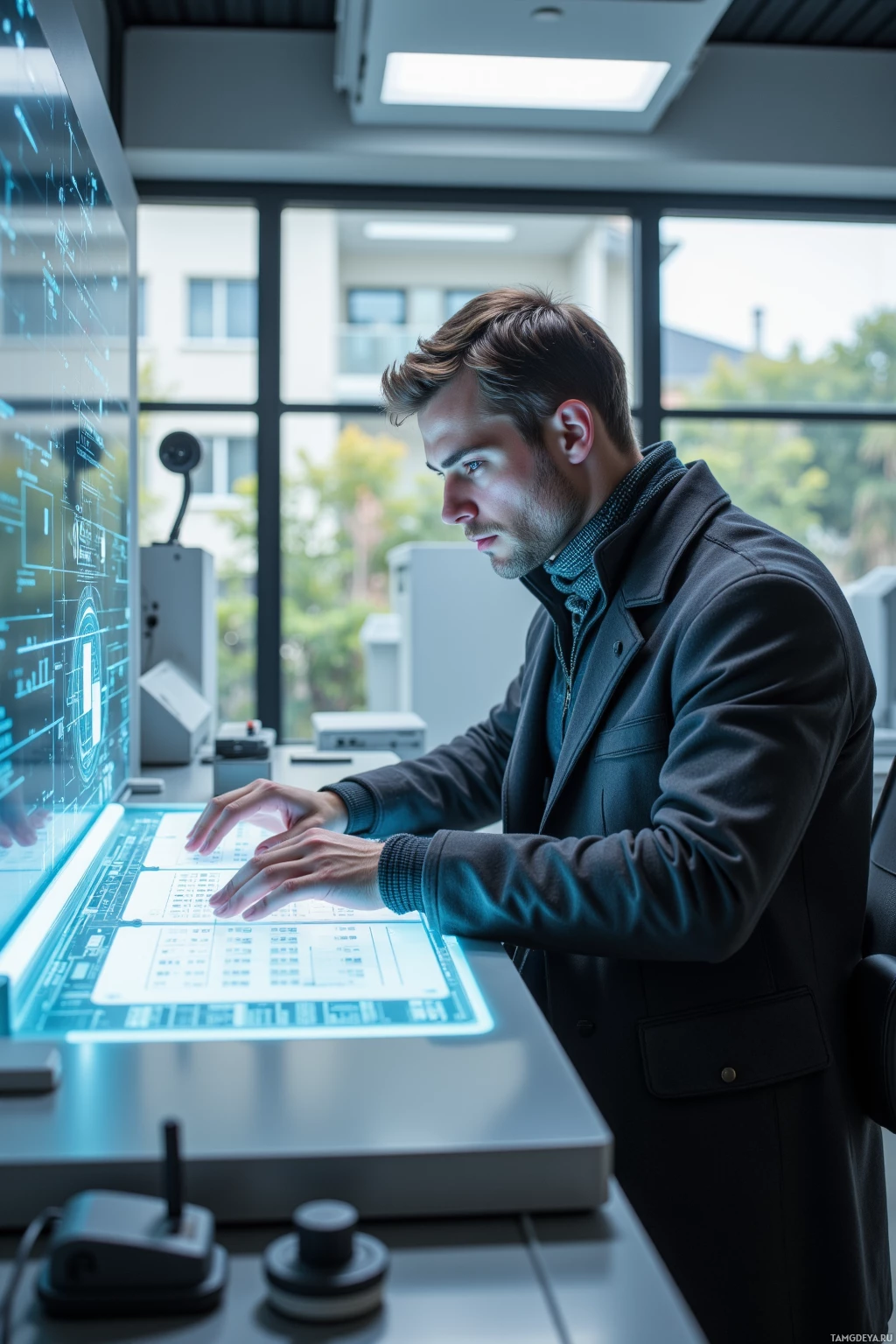 Мужчина работает за футуристическим компьютером с большим экраном, на котором отображаются голографические данные.