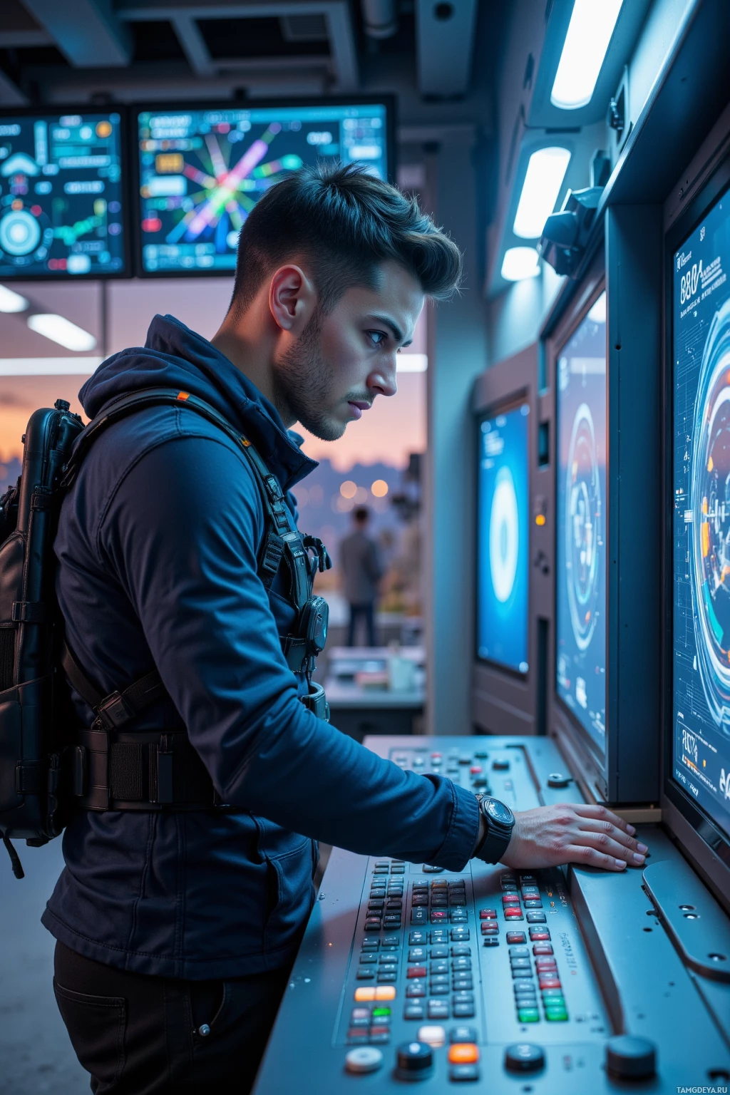 В операторском зале человек управляет сложной консолью с несколькими экранами, отображающими данные.