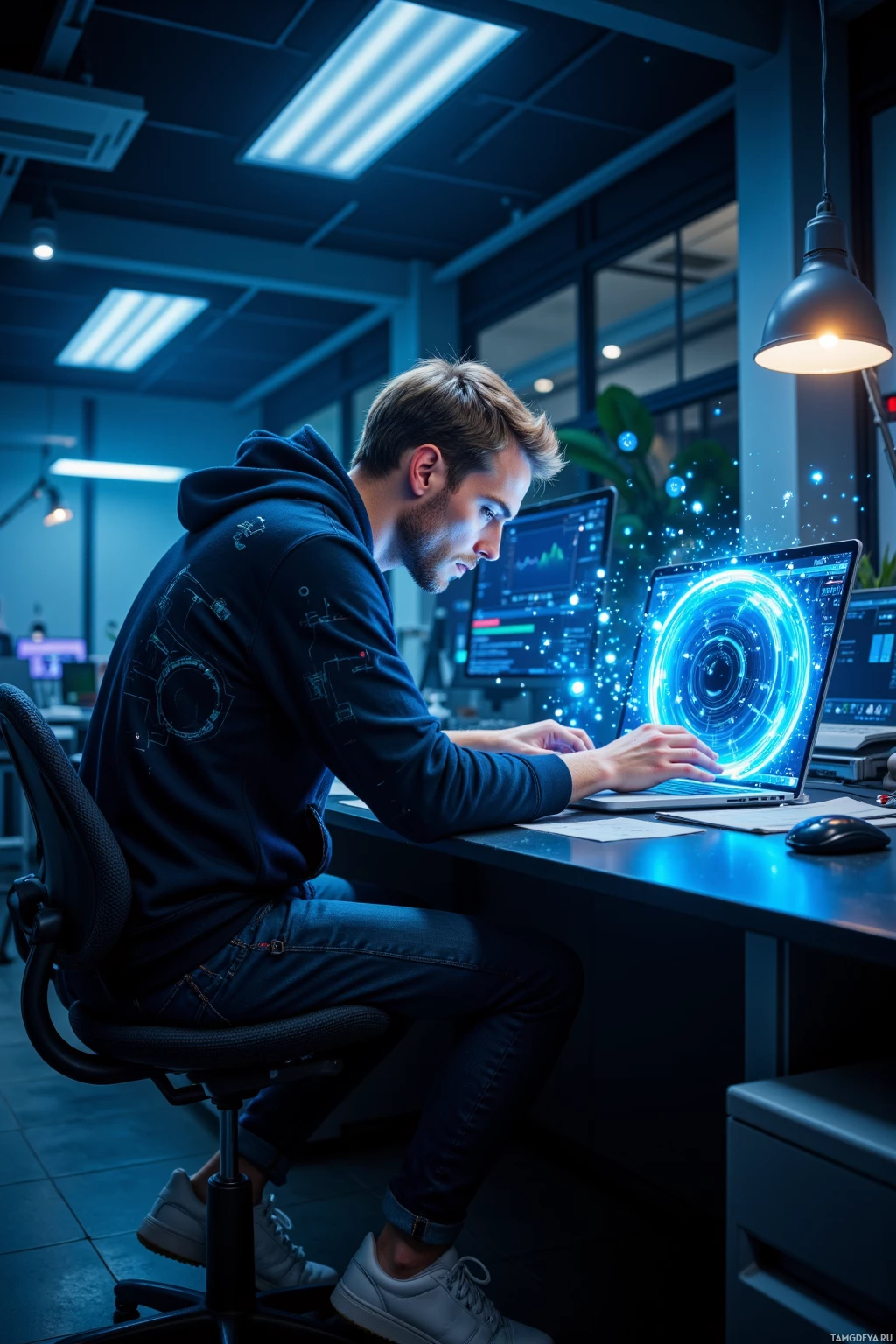 Человек работает за столом в современном офисе, используя ноутбук с подсвеченной синей графикой.