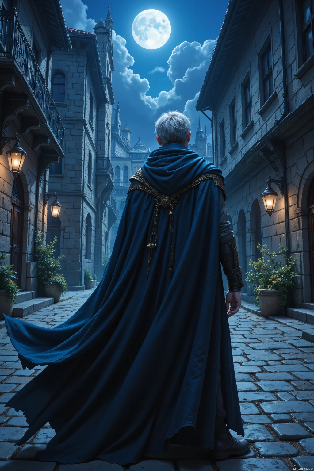 Realistic high quality photo. A 34‑year‑old man with short silver hair, pale skin, piercing blue eyes, wearing a dark flowing cloak that merges with the night, stands on cobblestone streets under a moonlit sky, observing shadows elongate as he mentally sketches impossible geometry while wind whispers ancient secrets.