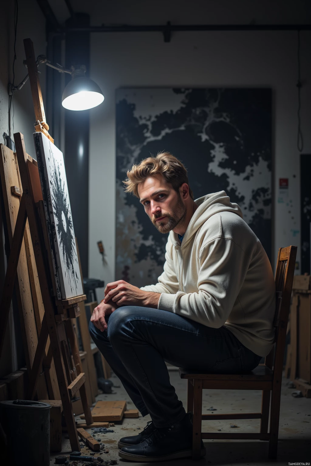 Realistic high quality photo. A 28‑year‑old man with messy light brown hair, blue eyes, pale skin, wearing a loose white hoodie with abstract ink splatters, sits alone in a dimly lit studio at night, illuminated by a single lamp, hunched over a wooden easel, charcoal and ink swirling into a stark vortex of contrast on a canvas as he gently smirks at his solitary craft.