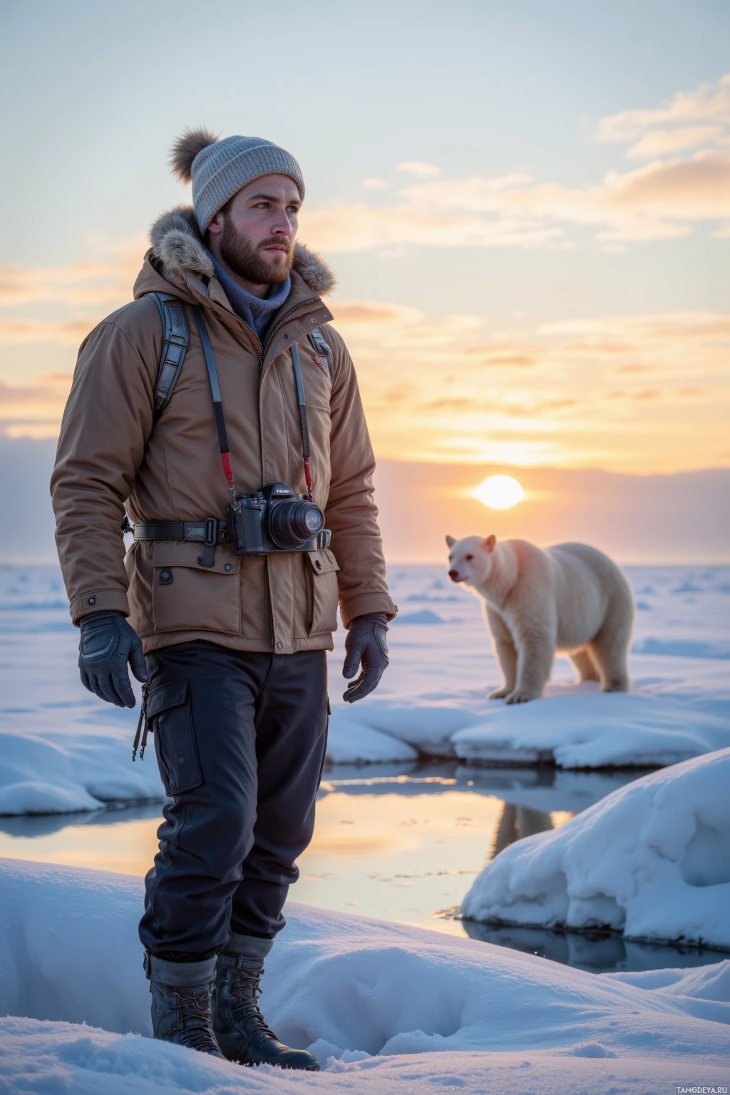 Realistic high quality photo. Tall 26‑year‑old male with blonde hair, blue eyes, strong jawline and pale skin, wearing a cozy winter jacket and beanie, camera slung around his neck, standing in a remote Arctic landscape at sunrise, photographing a polar bear reflected in the snow with wind gently ruffling his beard, peaceful isolated scene.