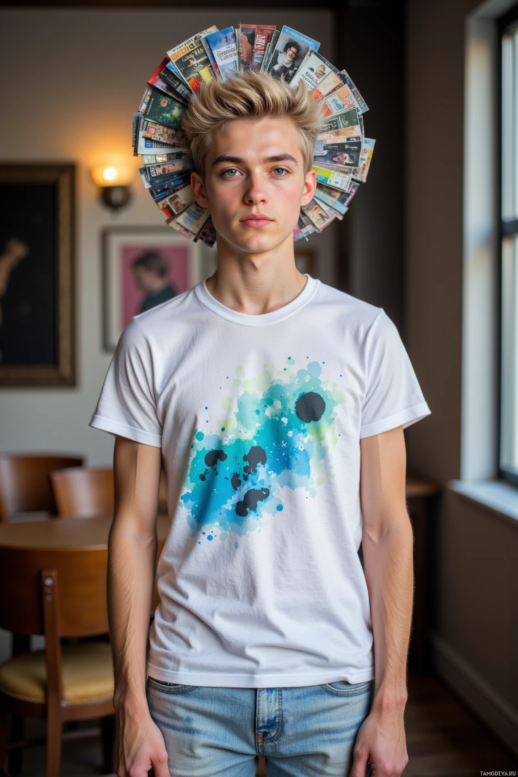 Realistic high quality photo. Male, 25, spiky blonde hair, blue eyes, bright graphic t‑shirt, light jeans, wearing a hat made of recycled meme thumbnails, contemporary indoor lighting.