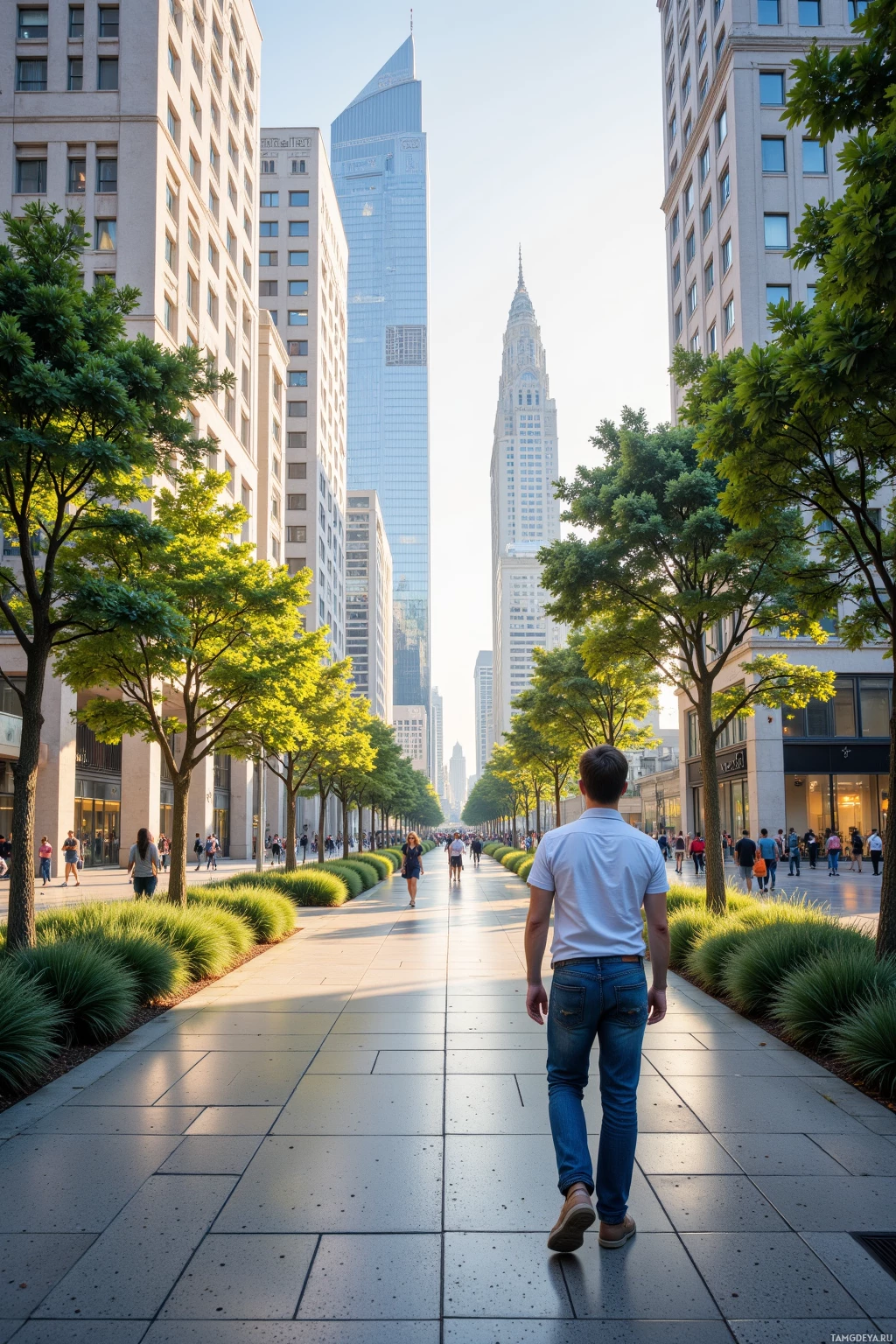 Realistic high quality photo. A 33‑year‑old male architect with short dark hair, blue eyes, beige skin, clean‑shaven, wearing a fitted casual shirt, walking alone through a quiet modern city park at late afternoon, observing people moving along crisp, purposeful paths he designed, with sleek city blocks and natural light playing on glass facades in the background.