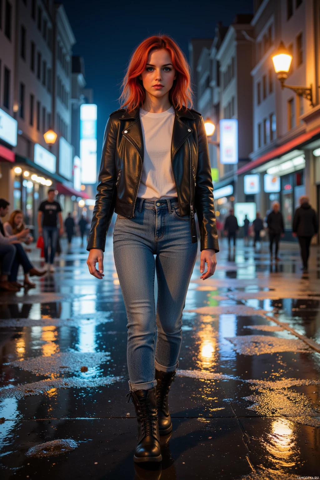 Realistic high quality photo. A 22‑year‑old woman with fiery red edgy hair, piercing blue eyes, wearing a black leather jacket, denim jeans, heavy boots, confidently walking on a wet city street at night, puddles reflecting bright streetlight glows as she turns rain into a runway, modern realism.