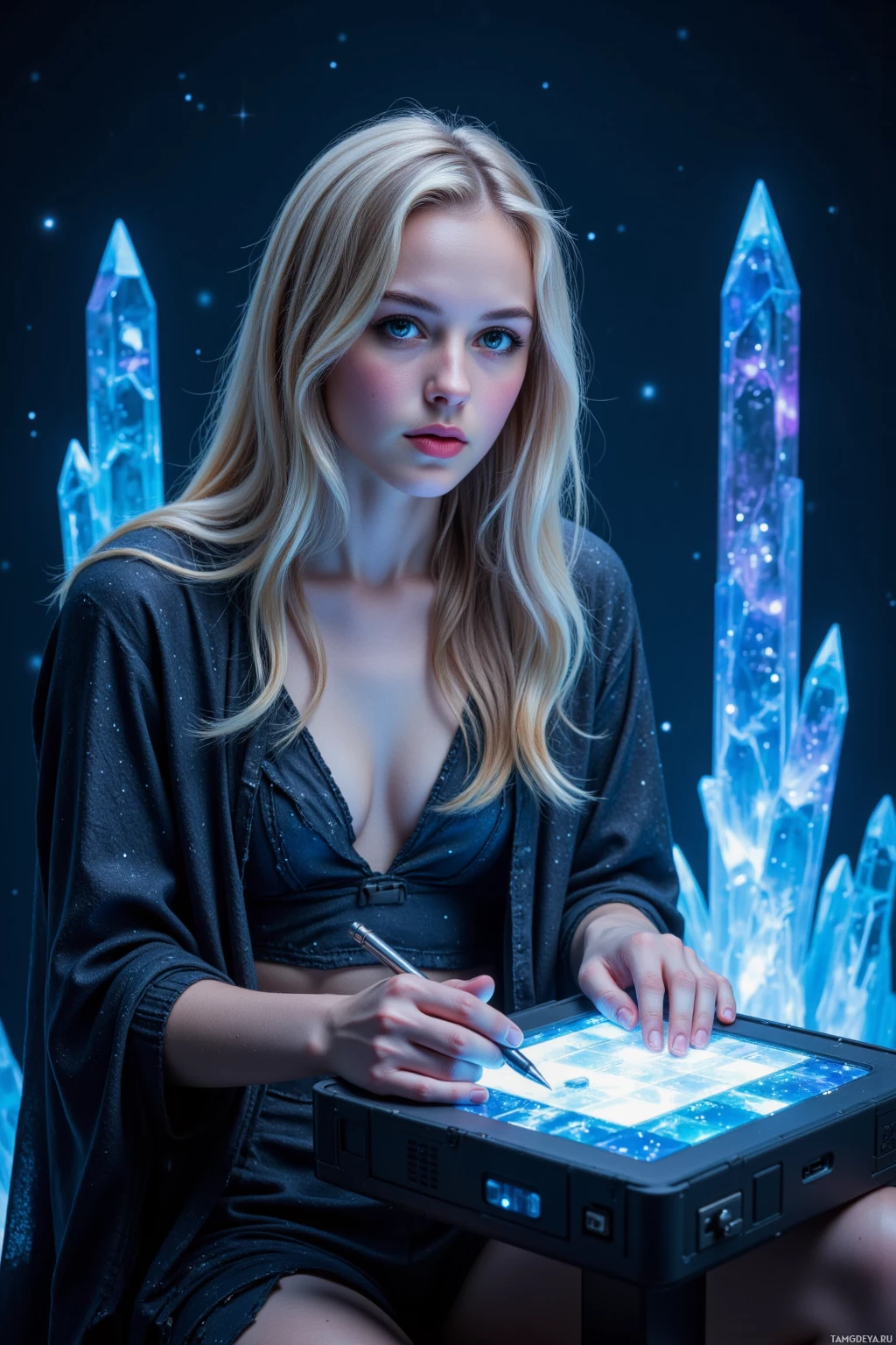 Realistic high quality photo. Female, 24, soft blonde curls, bright blue eyes, pale skin, wearing a flowing cloak with pixel art patterns, sits alone at midnight in a dim studio surrounded by a floating crystal biome glowing like a nebula, staring at a 64×64 pixel grid on a holographic screen while crafting a sci‑fi space fantasy.