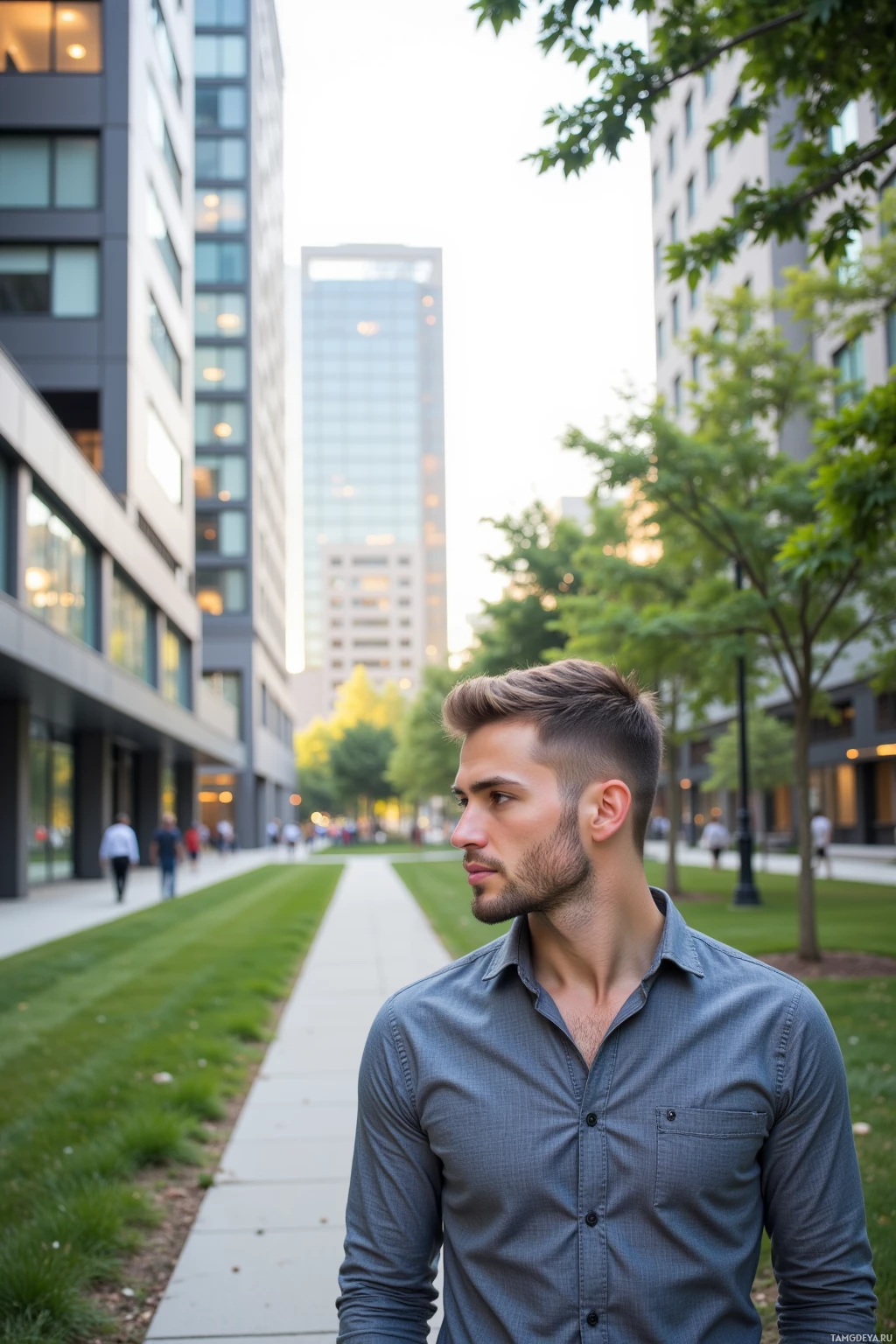 Realistic high quality photo. A 33‑year‑old male architect with short dark hair, blue eyes, beige skin, clean‑shaven, wearing a fitted casual shirt, walking alone through a quiet modern city park at late afternoon, observing people moving along crisp, purposeful paths he designed, with sleek city blocks and natural light playing on glass facades in the background.