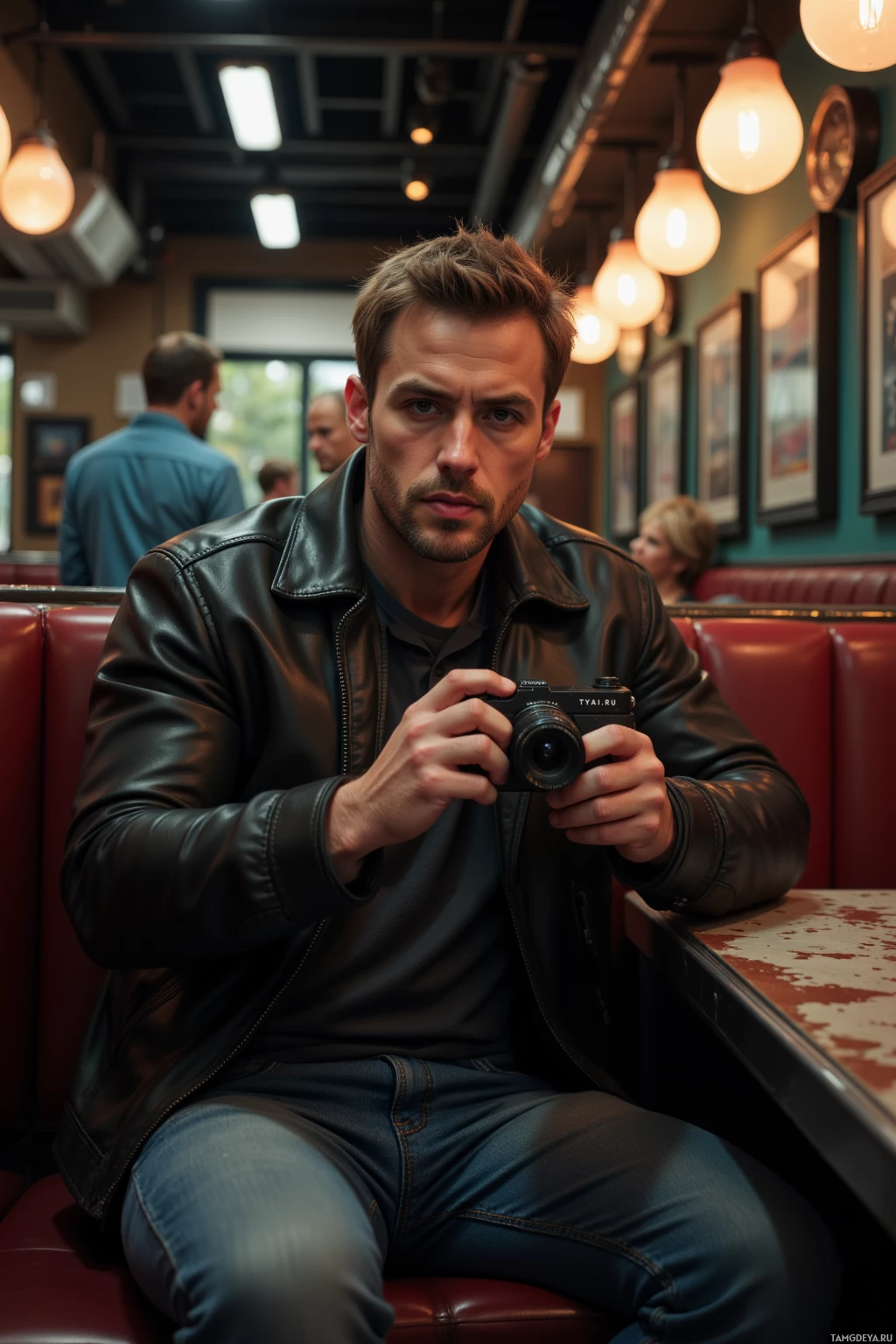 Realistic high quality photo. 30‑year‑old man with short light brown hair, pale skin, blue eyes, light stubble, wearing a worn leather bomber jacket and faded jeans, filming with a handheld camera in a dim back‑alley diner under flickering fluorescent lights, conveying a pragmatic, cynical yet hopeful mood.