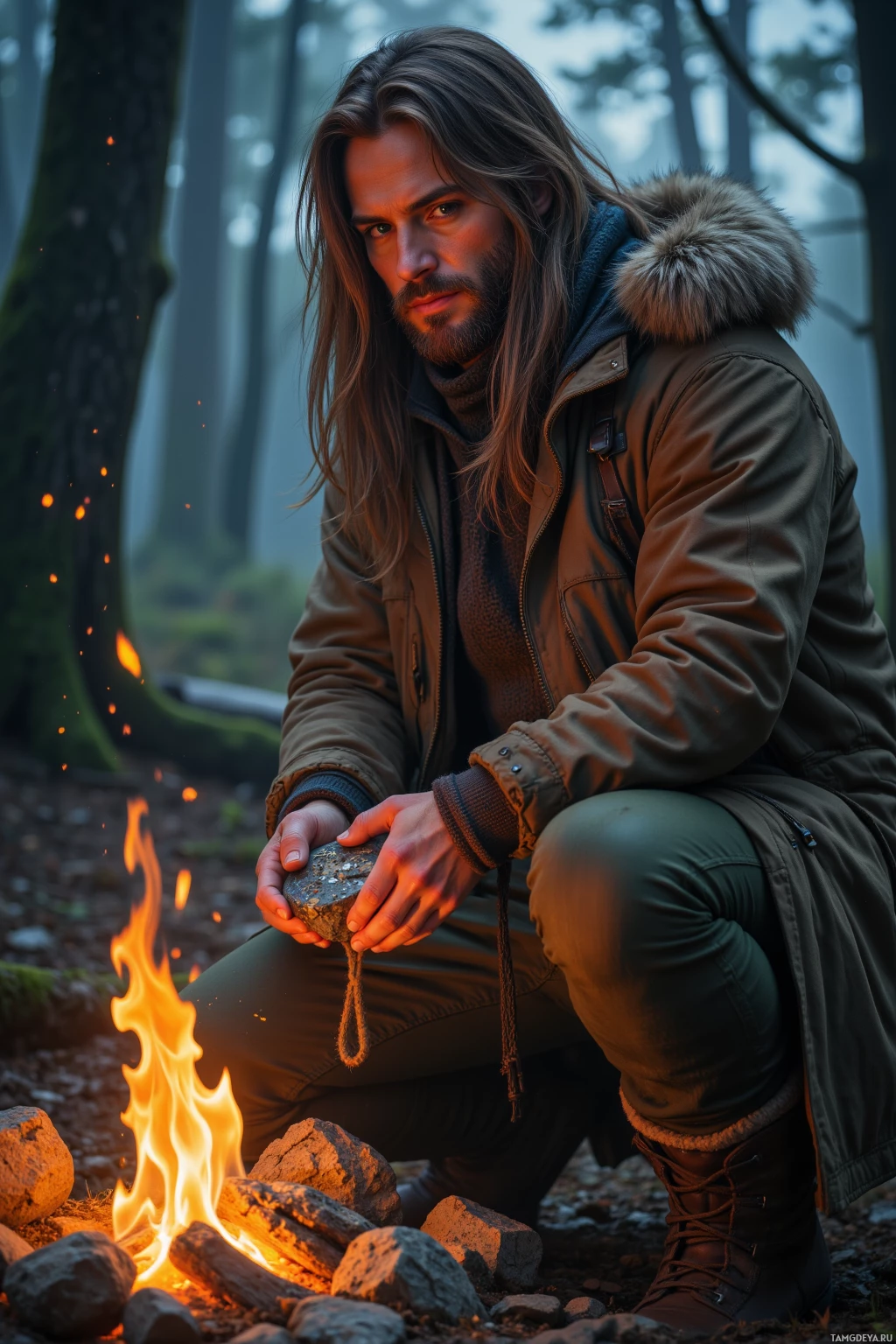 Realistic high quality photo. A 38‑year‑old rugged man with long light brown hair, beard, deep green eyes, wearing a brown parka, olive green pants, fur‑lined boots, stands beside a glowing campfire in a twilight forest, smiling at a stone etched with ancient runes while a simple rope is tied around his wrist, surrounded by the soft rustle of leaves.