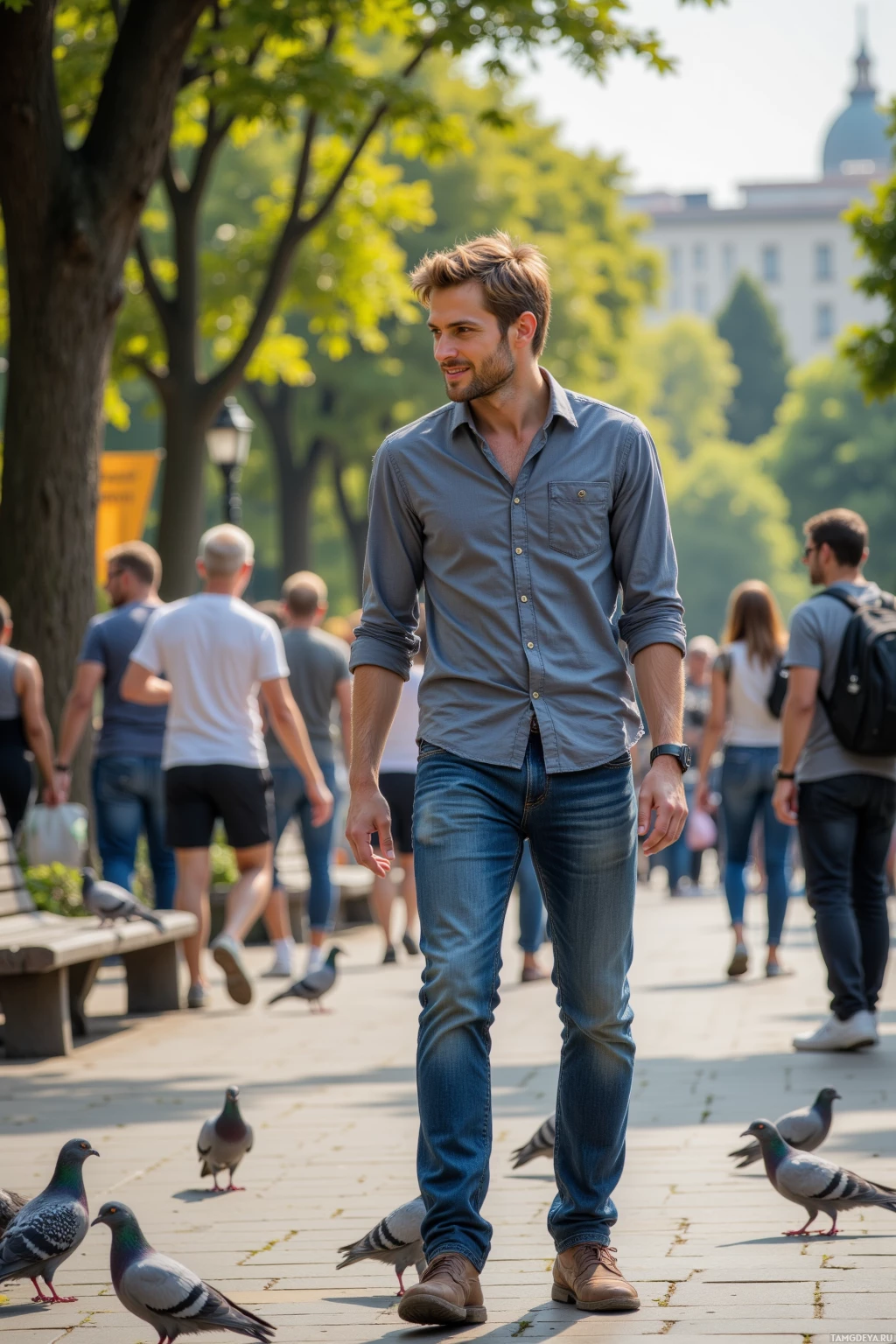 Realistic high quality photo. A 34‑year‑old man with light brown tousled hair, bright blue eyes, fair skin, and a mischievous grin, wearing a relaxed‑fit button‑down shirt and jeans, stands in a bustling city park at late afternoon, laughing as pigeons perform a winged dance while he attempts a harmless prank, surrounded by trees, benches, and nearby strangers chatting.