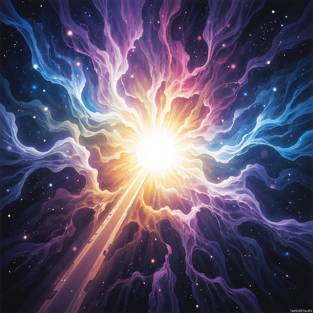 Яркая космическая сцена с сияющим центральным источником света, окутанным вихрями туманностей и звезд.