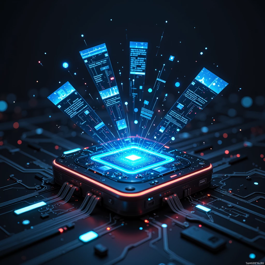 Футуристическая печатная плата с светящимися синими и красными огнями и парящими цифровыми дисплеями.