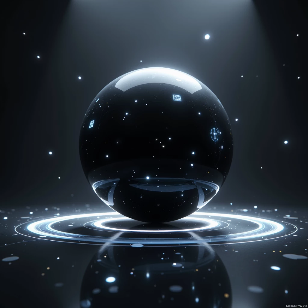 Semi-abstract image with many light, that is suitable for the post:  Floating holographic sphere with a matte black, sleek surface resembling a black hole, subtle translucent rim glow, internal pulsating light, rotating motion, and faint sensor icon accents projecting interactive game patterns.