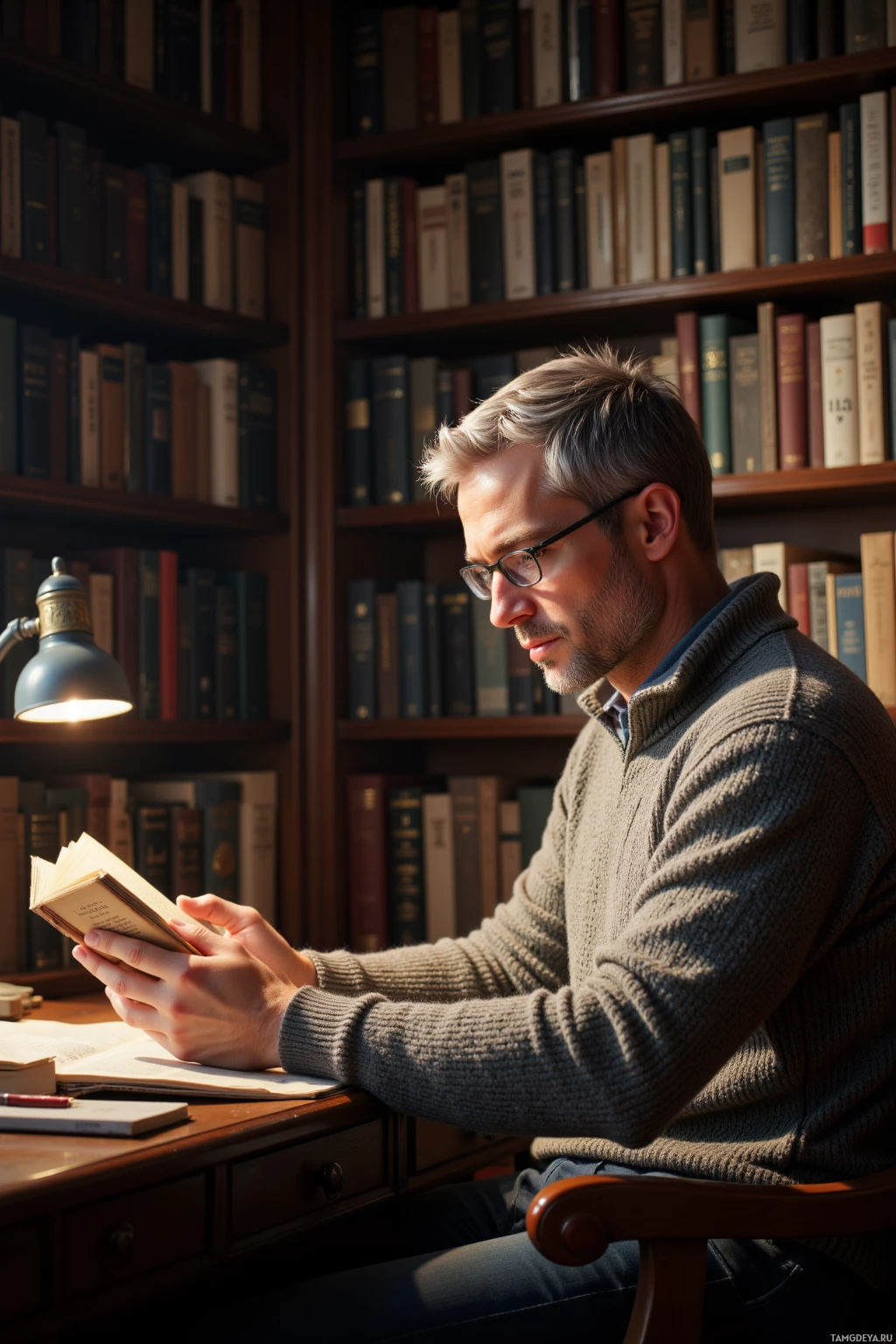 Realistic high quality photo. A man, 35, short gray hair, blue eyes, pale skin, wearing a cozy sweater and reading glasses perched on his nose, holding a thick book, sits in a quiet study with floor‑to‑ceiling bookshelves and a small desk lamp casting warm light, his expression focused and slightly distant as he examines the returned book's pages in soft afternoon light.