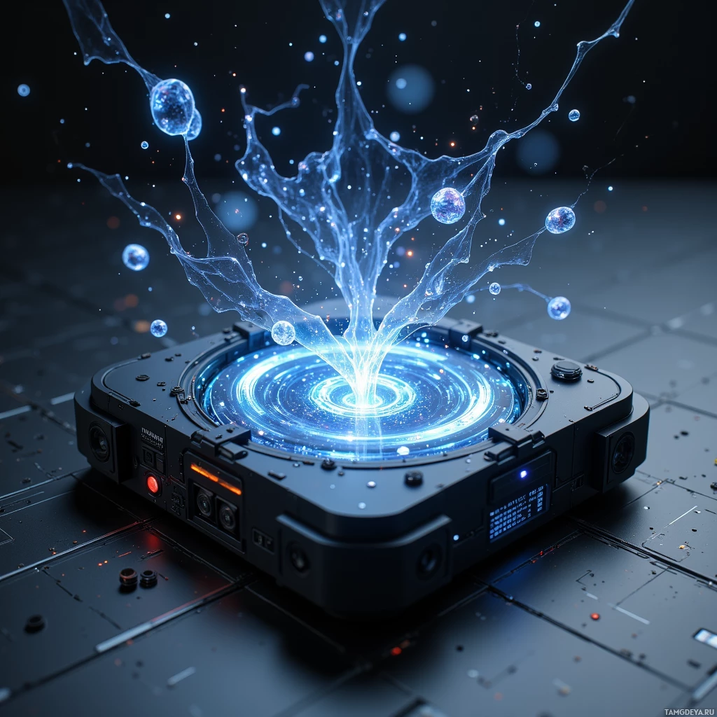 Футуристическое устройство, излучающее голубое свечение и частицы энергии.