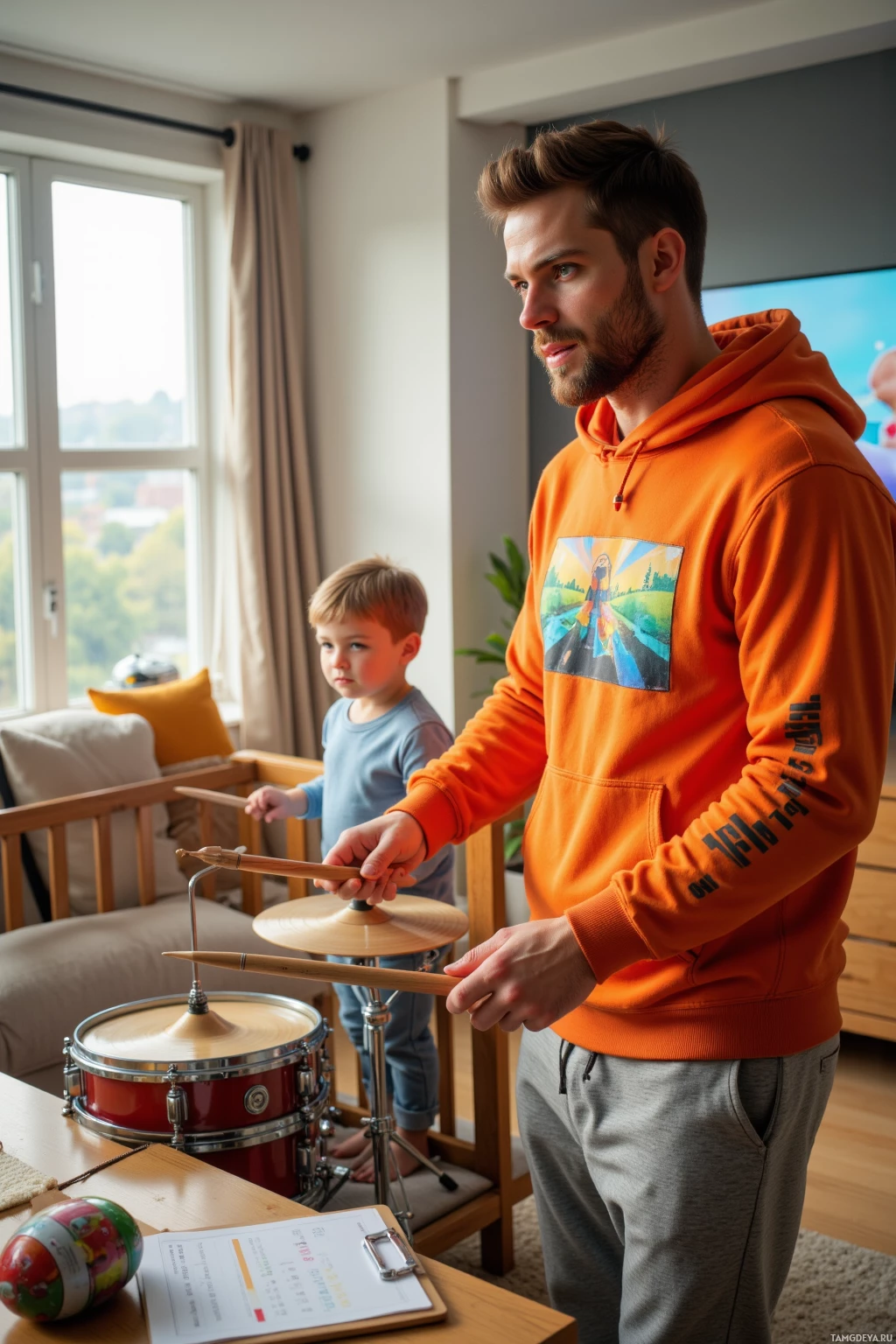 Мужчина и ребенок играют на барабанах в гостиной.