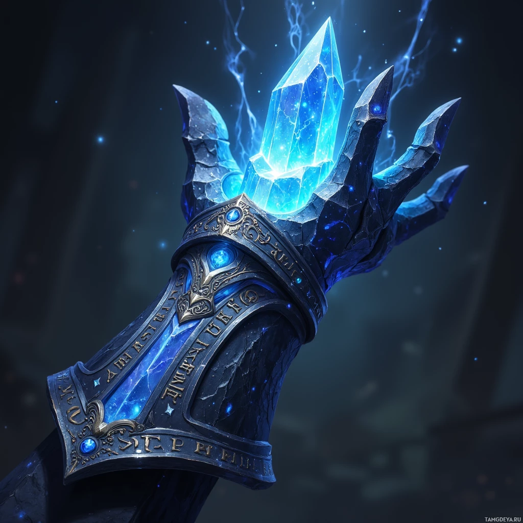 Светящийся синий кристалл встроен в тёмный, богато украшенный браслет с замысловатыми узорами и синими светящимися элементами.