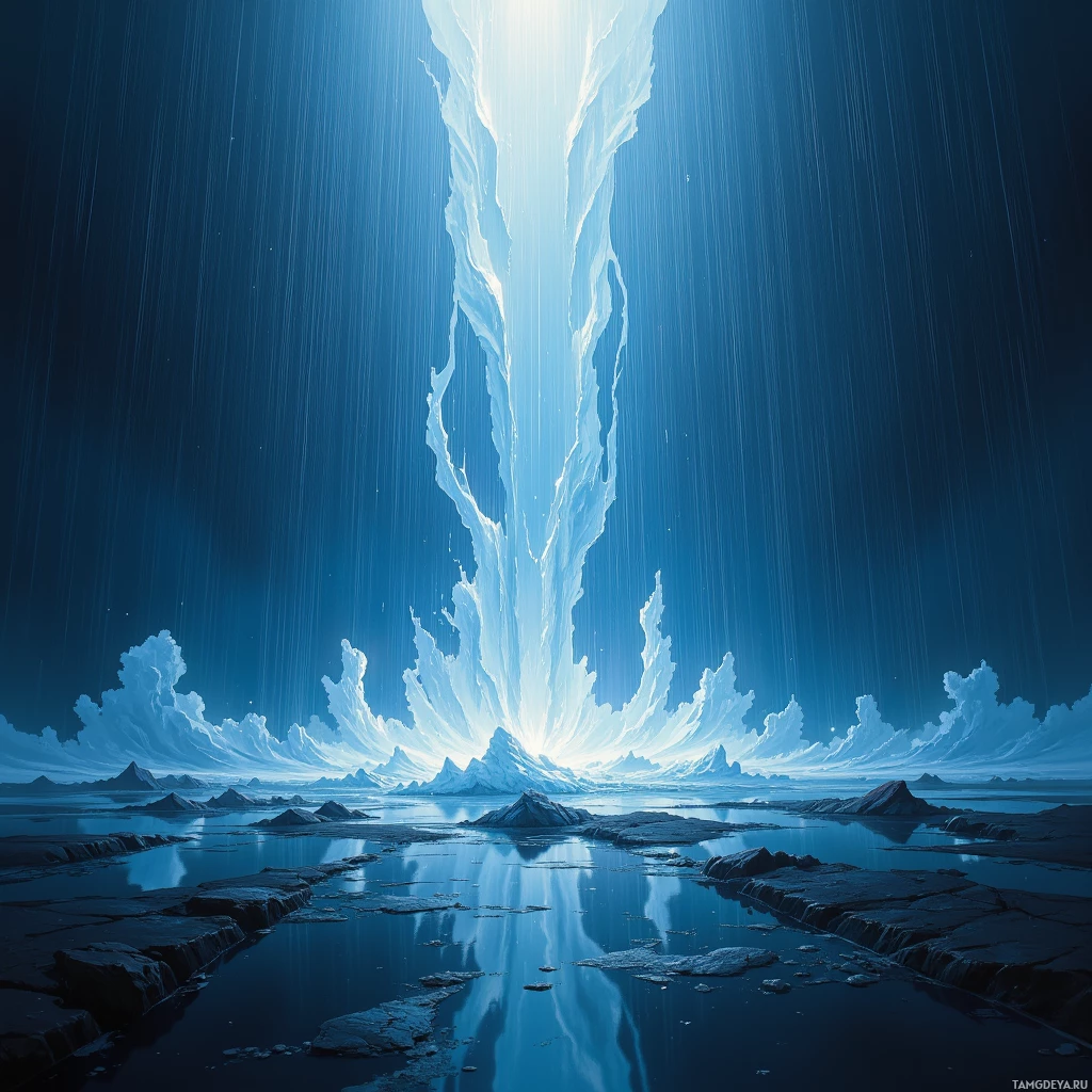 Спокойный, заснеженный пейзаж с мерцающими ледяными образованиями и безмятежным водоемом, отражающим окружающий мир.