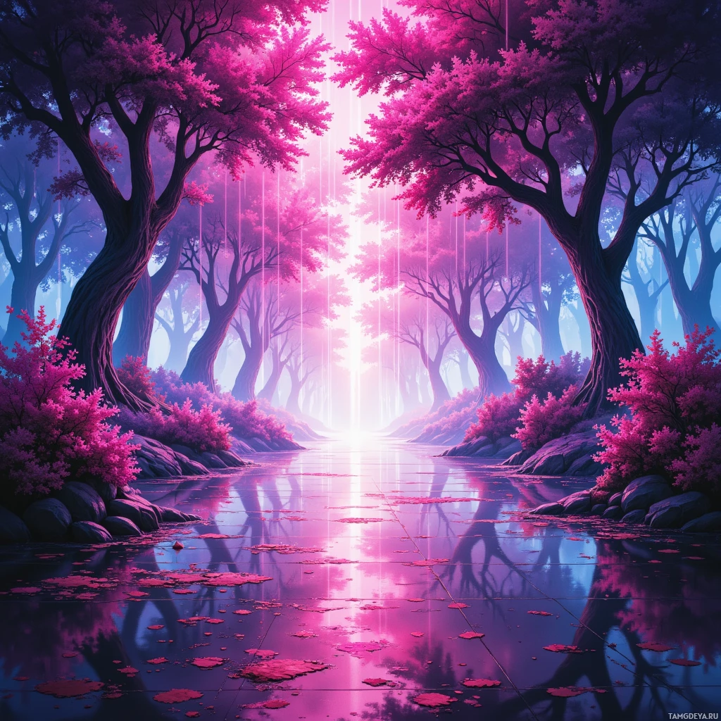 Спокойная лесная гладь, залитая нежными розовыми и пурпурными оттенками, отражающимися в тихой воде.