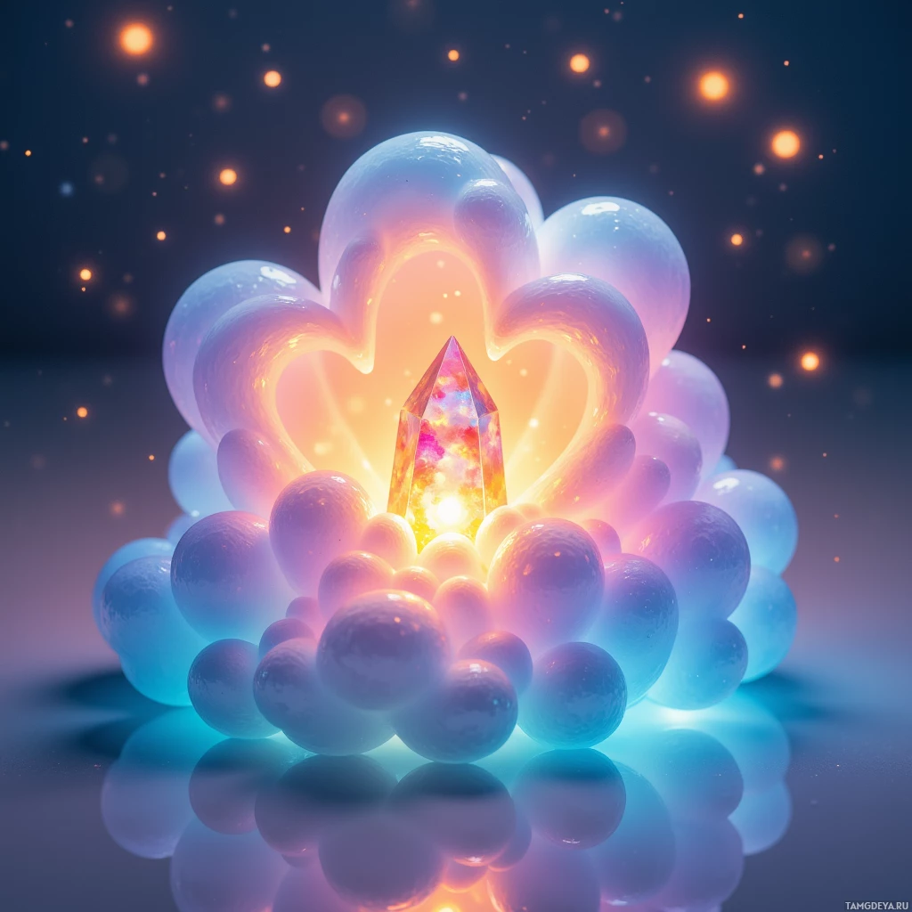 Светящийся кристалл, окруженный полупрозрачными сферами, на отражающей поверхности.